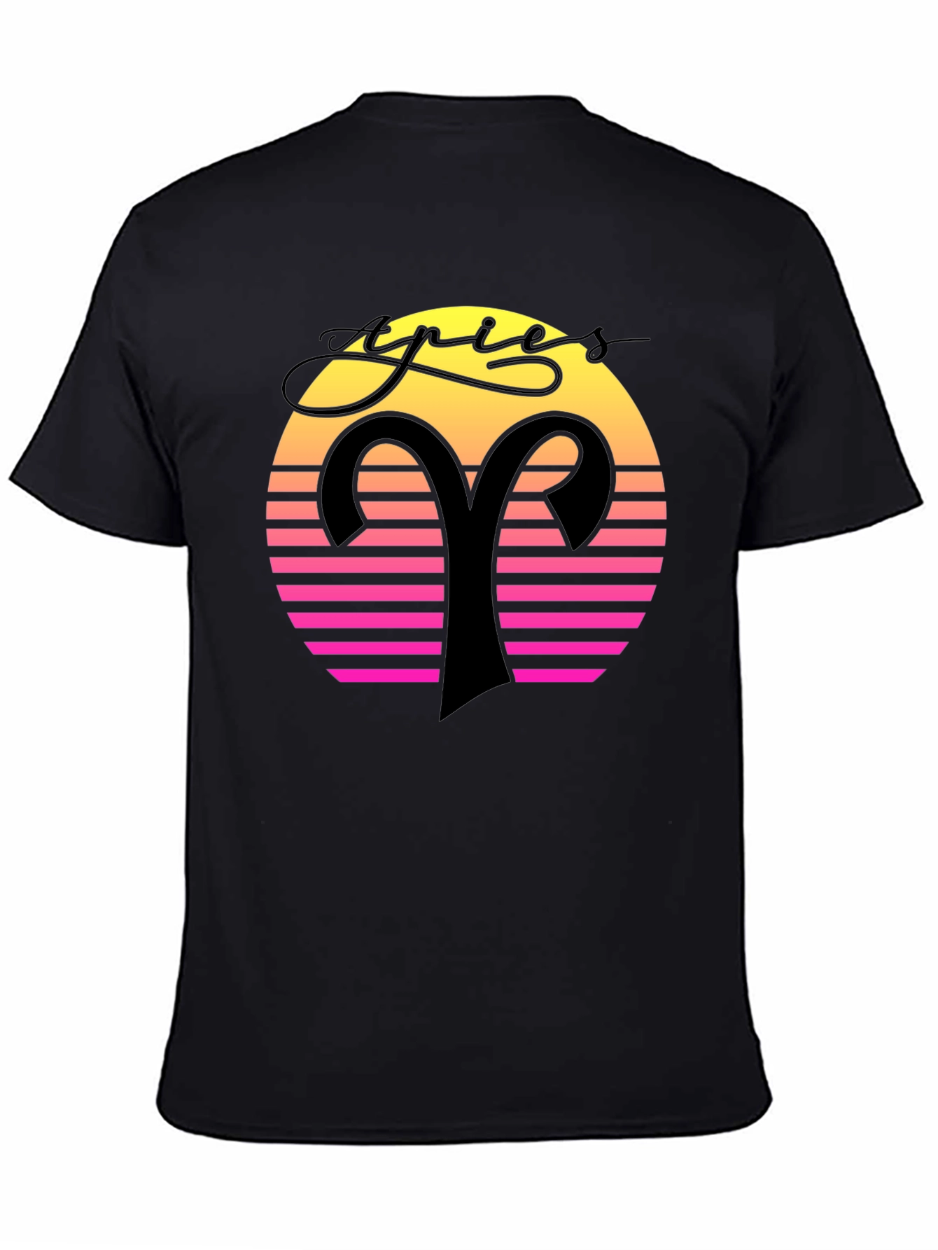 Aries Zodiac Black T-Shirt Retro Sunset Design