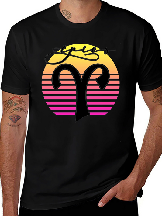 Aries Zodiac Black T-Shirt Retro Sunset Design