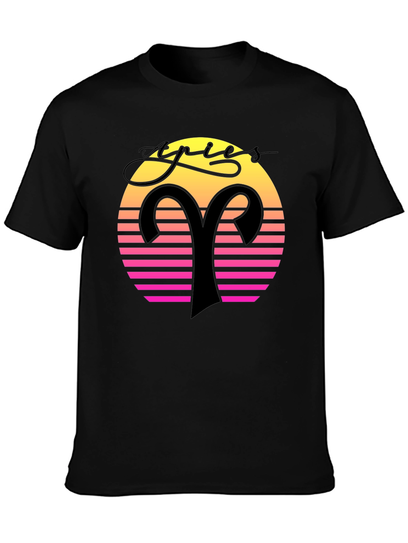 Aries Zodiac Black T-Shirt Retro Sunset Design