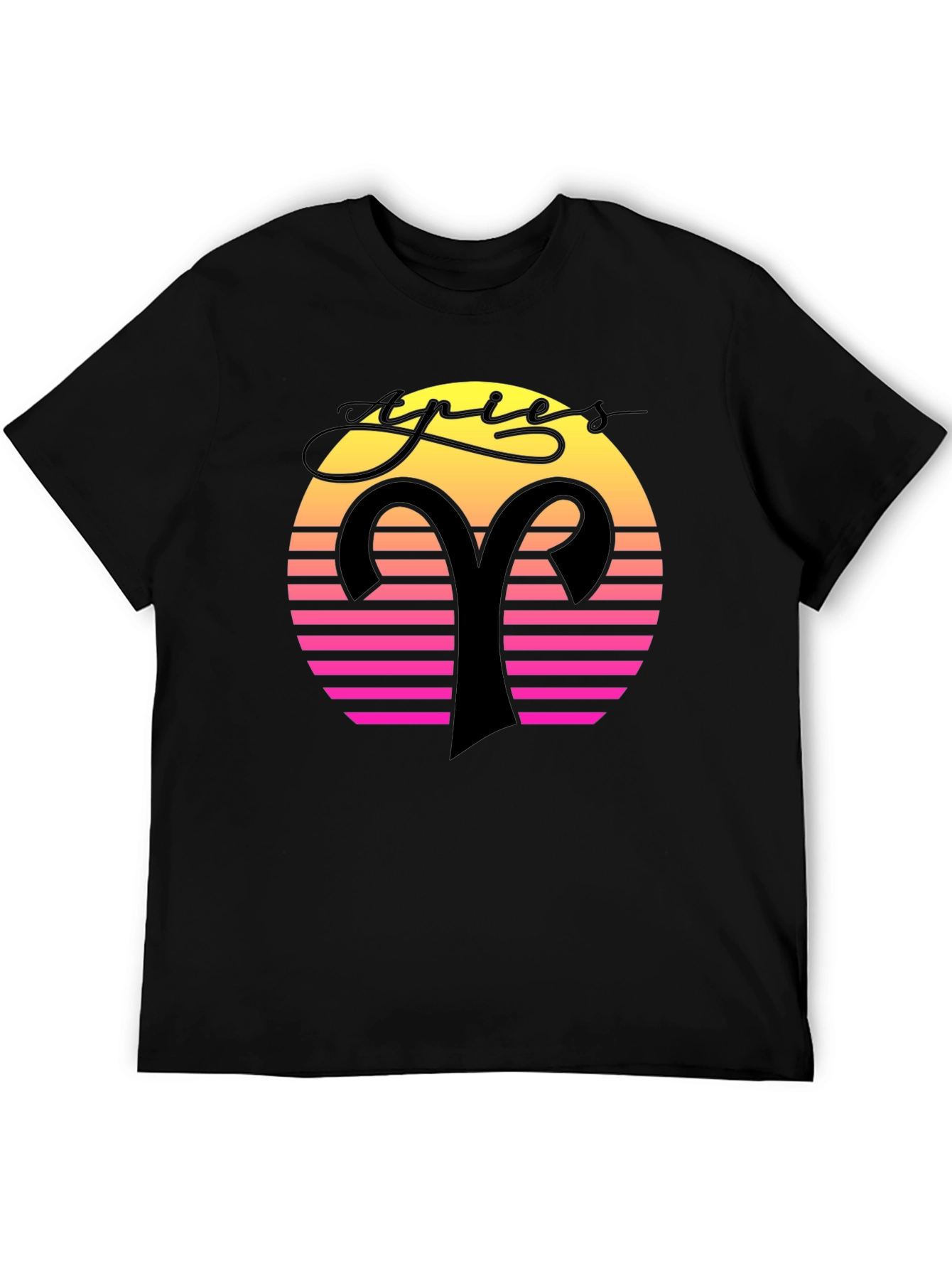 Aries Zodiac Black T-Shirt Retro Sunset Design