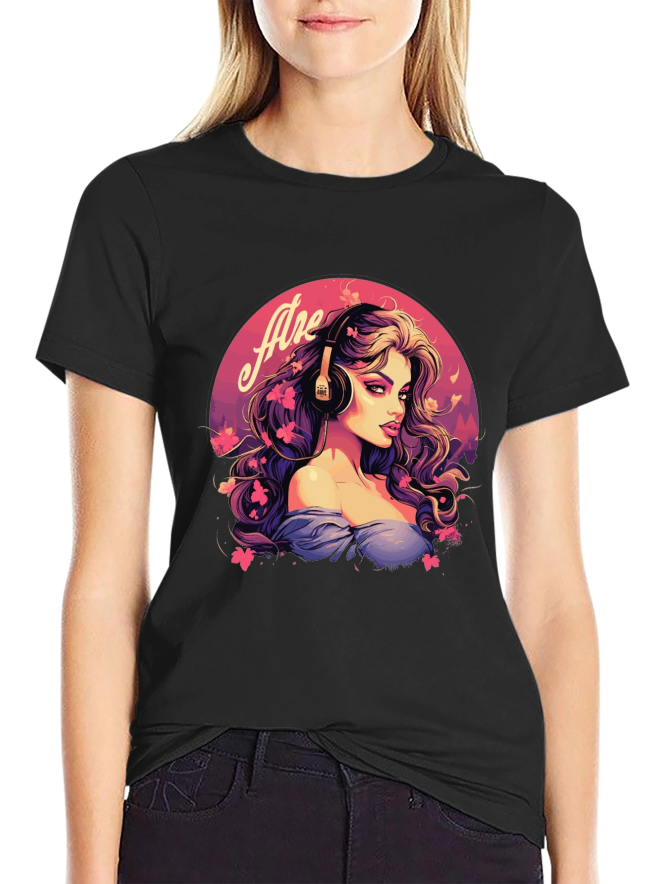 Headphone Girl Black T-Shirt