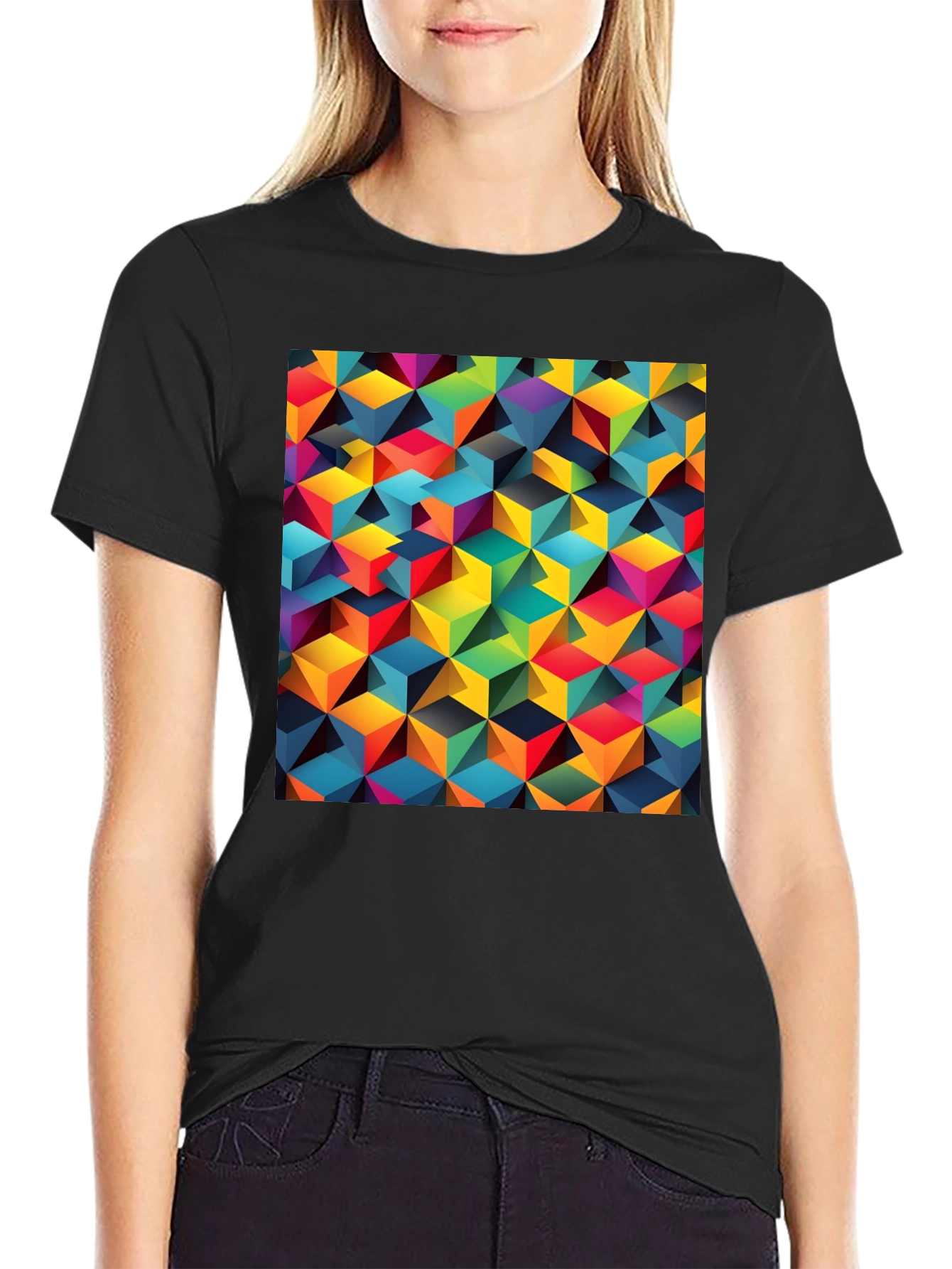 Geometric 3D Cube Pattern Black T-Shirt