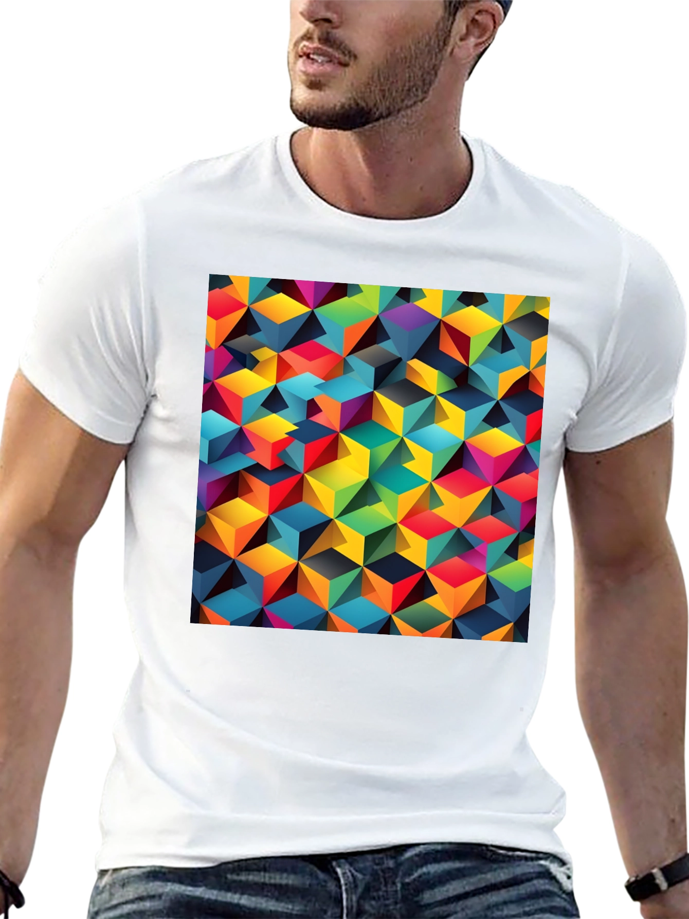 Geometric 3D Cube Pattern Black T-Shirt