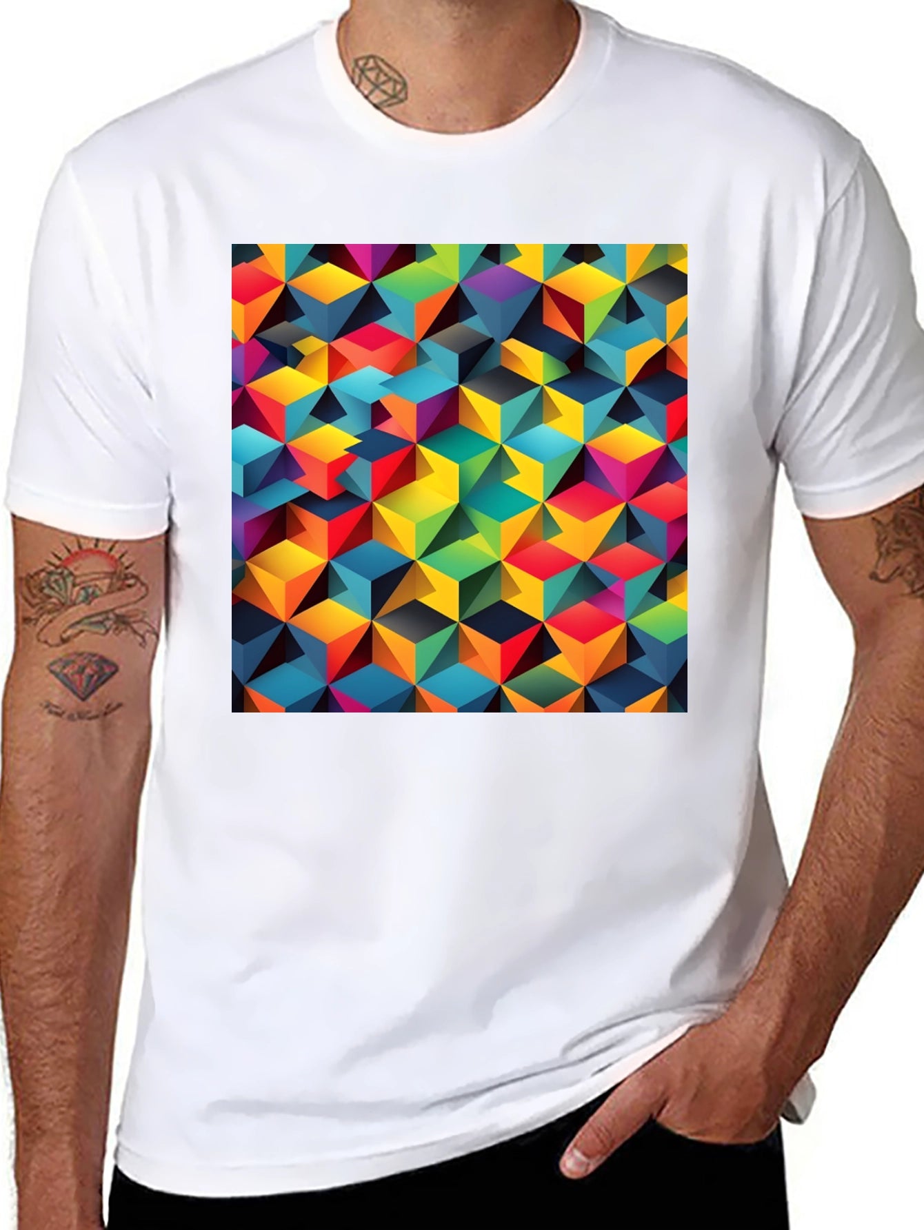 Geometric 3D Cube Pattern Black T-Shirt
