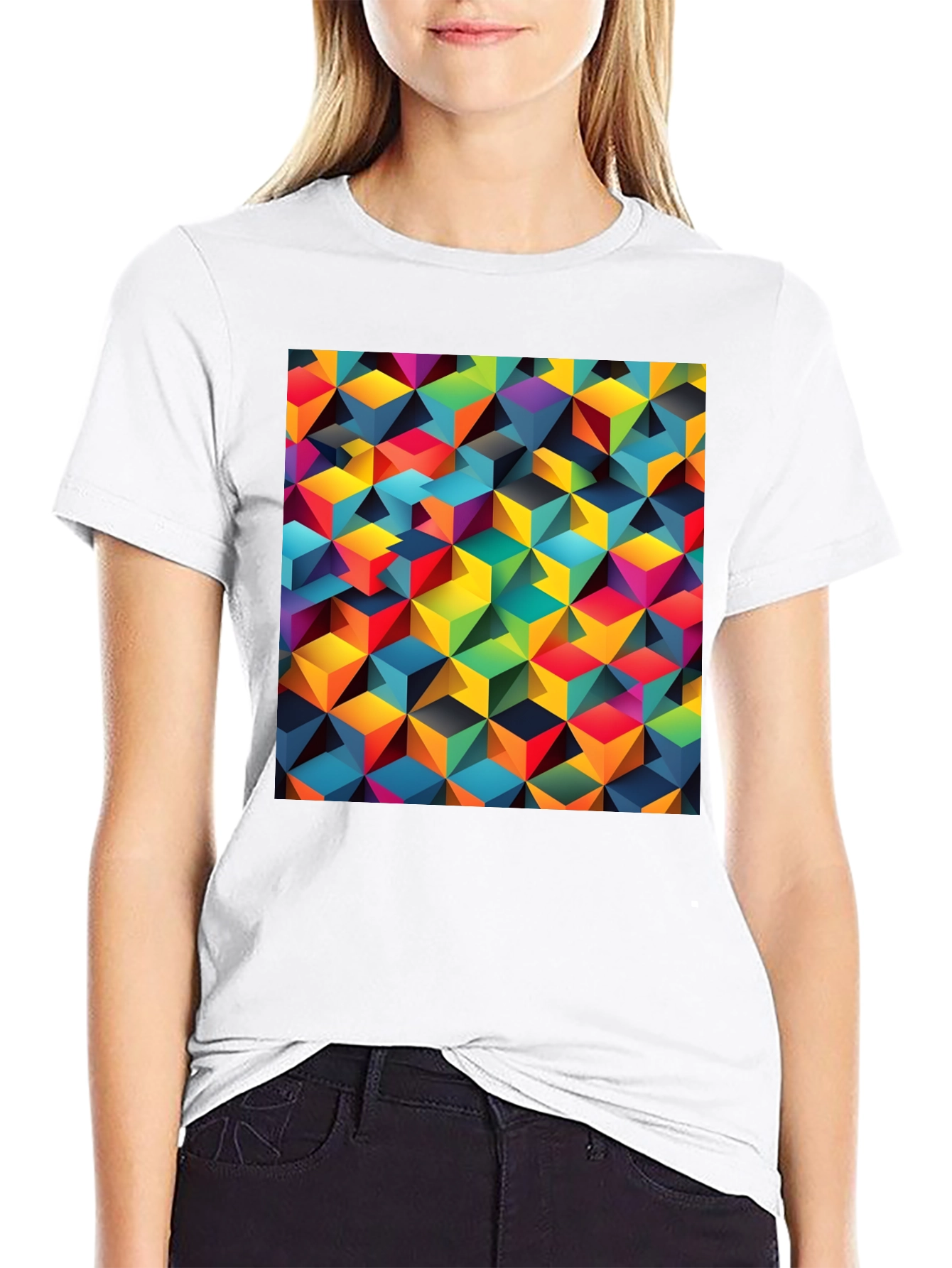 Geometric 3D Cube Pattern Black T-Shirt