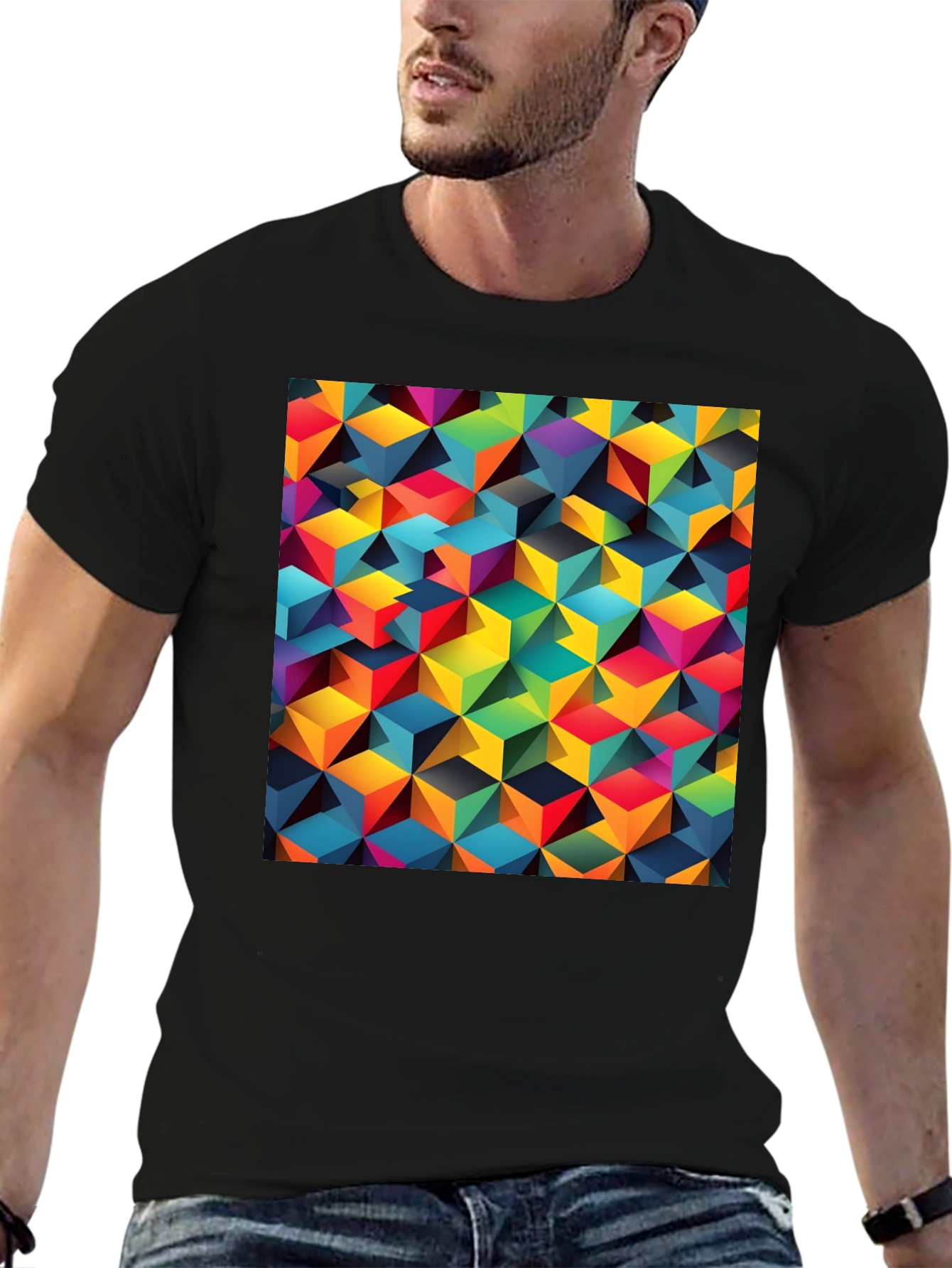 Geometric 3D Cube Pattern Black T-Shirt