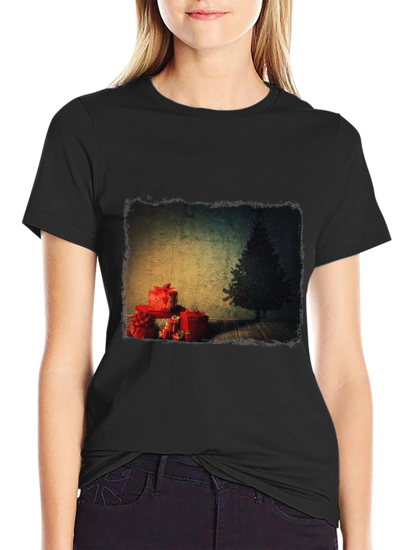 Christmas Tree & Presents Graphic Tee - Black
