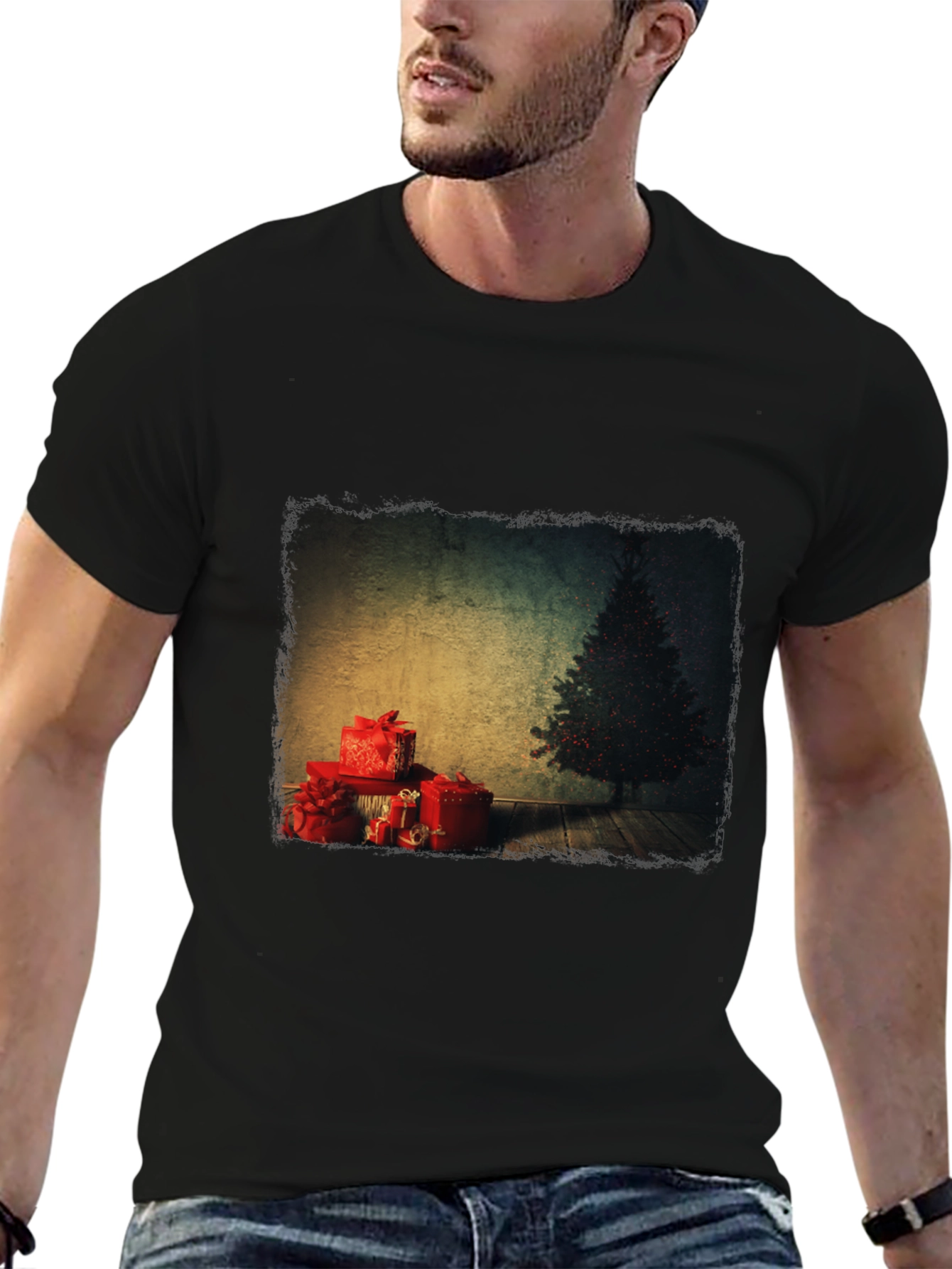 Christmas Tree & Presents Graphic Tee - Black