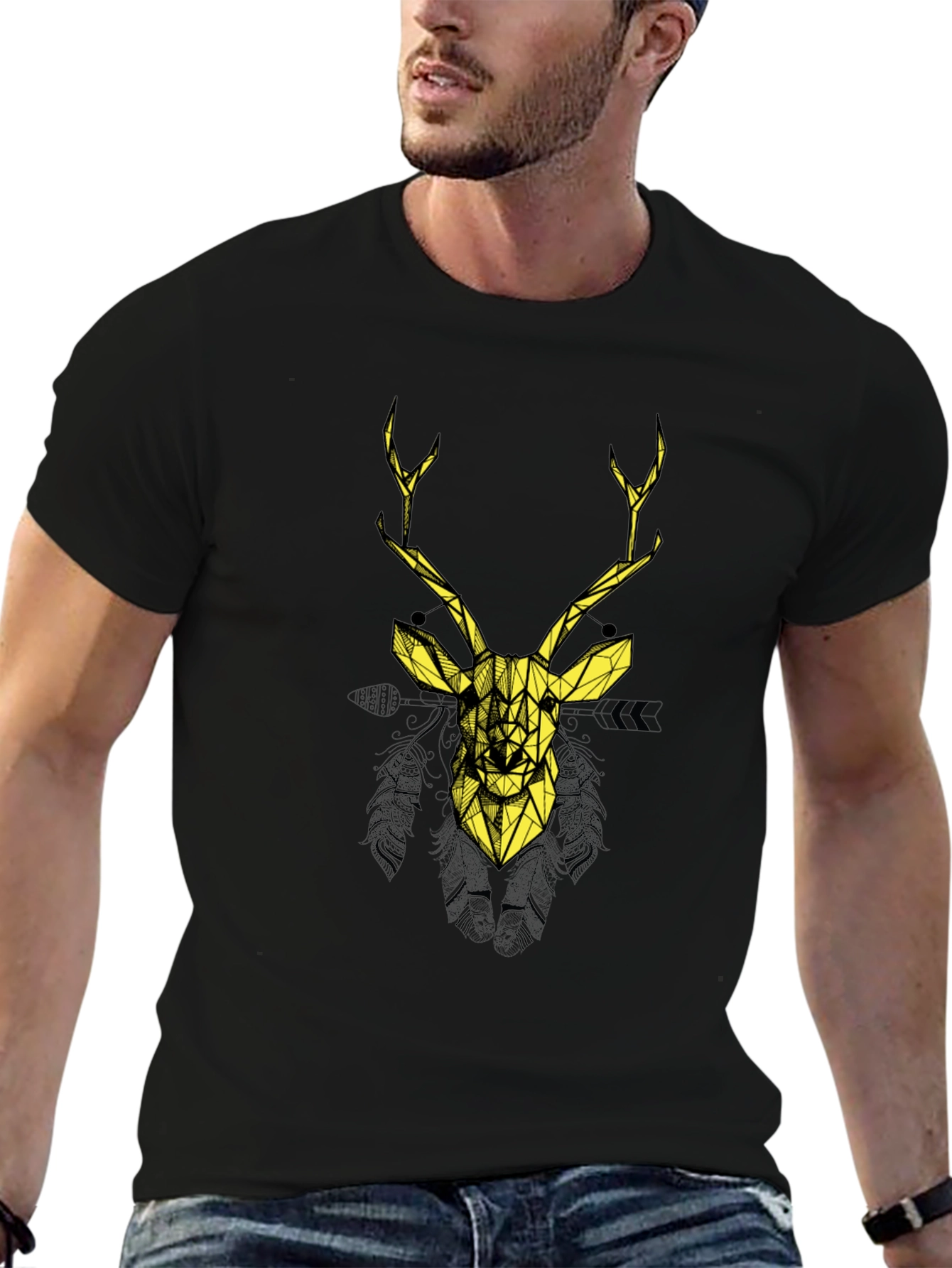 Geometric Deer Graphic Print Black T-Shirt