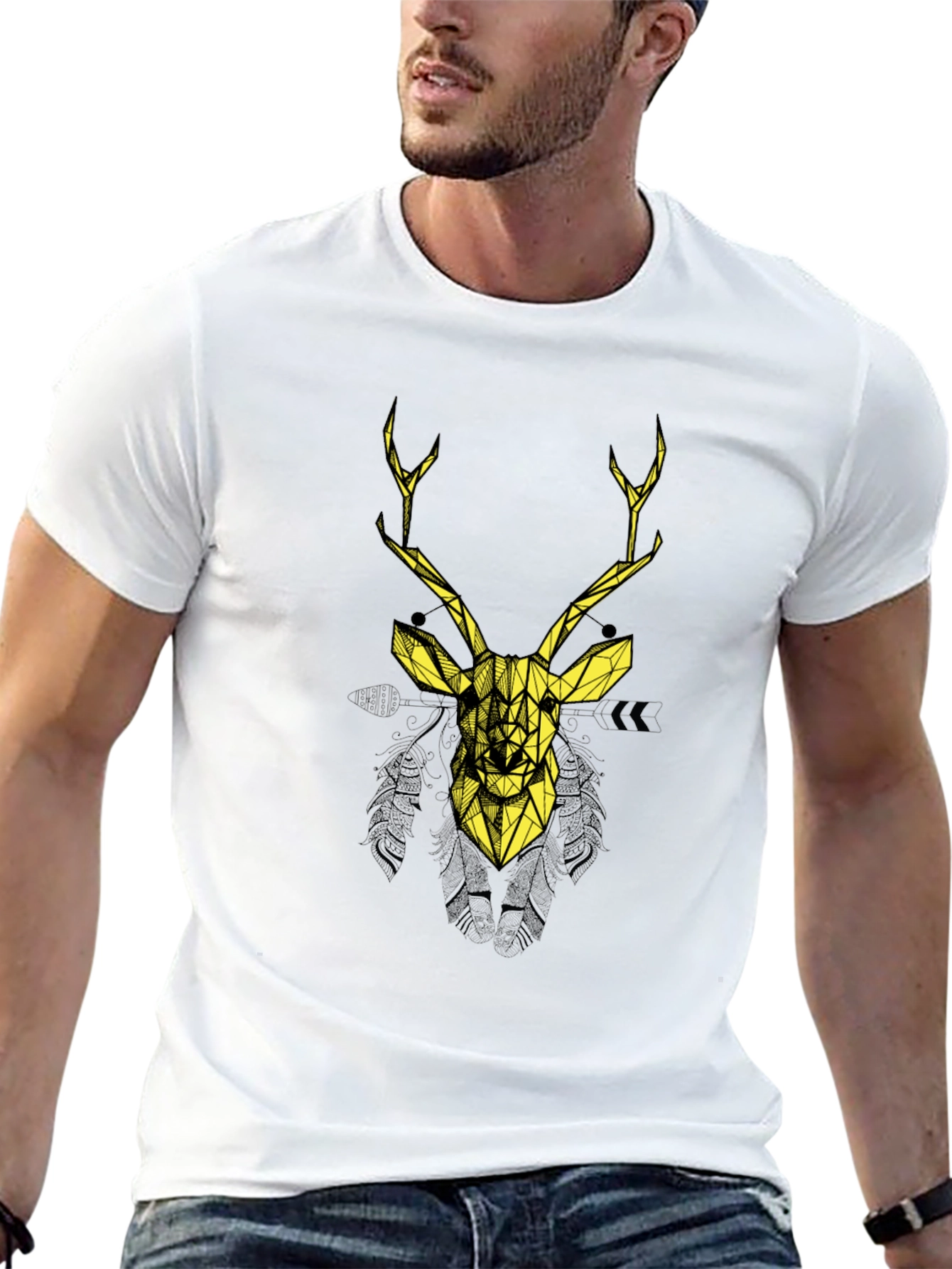 Geometric Deer Graphic Print Black T-Shirt