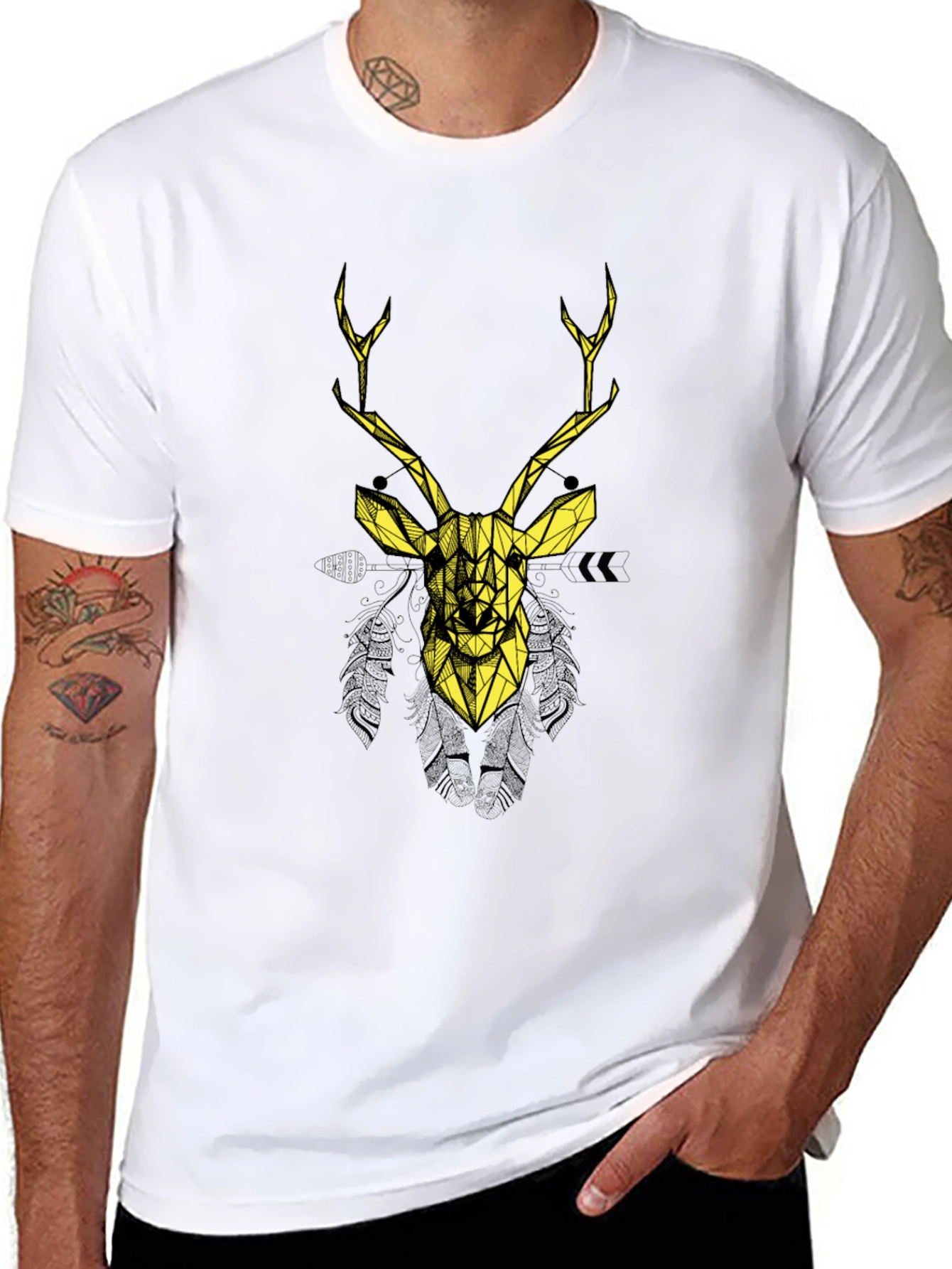 Geometric Deer Graphic Print Black T-Shirt