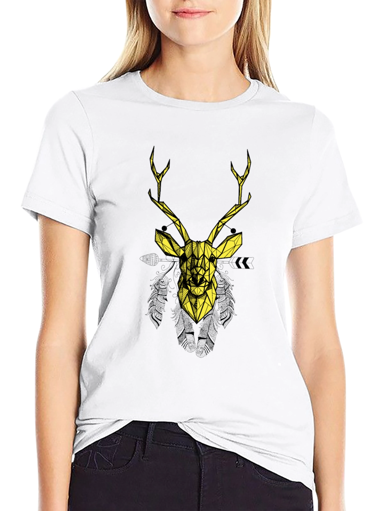Geometric Deer Graphic Print Black T-Shirt
