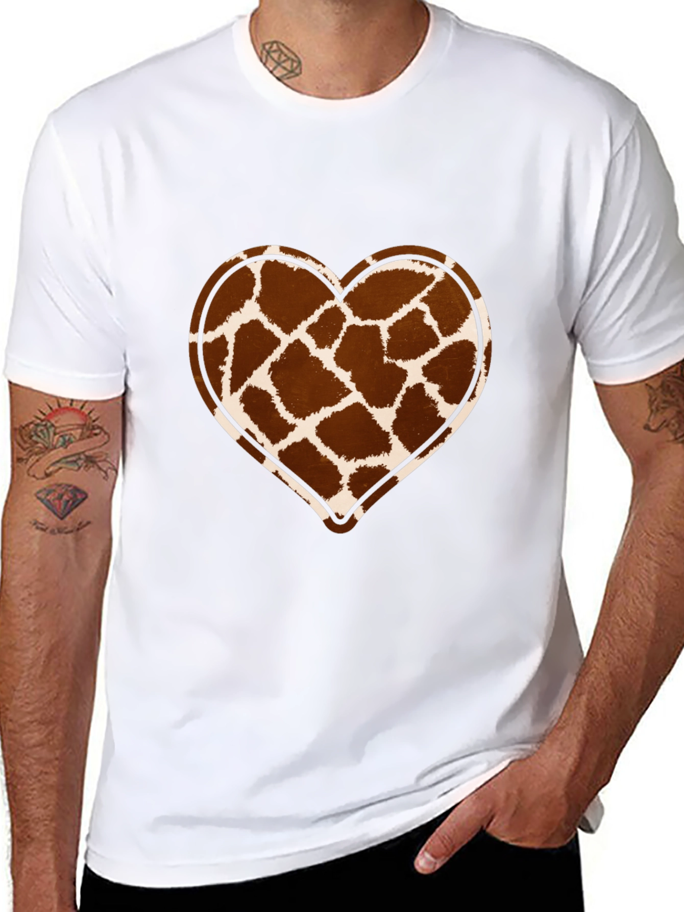 Giraffe Print Heart Graphic Tee - Trendy Casual Shirt