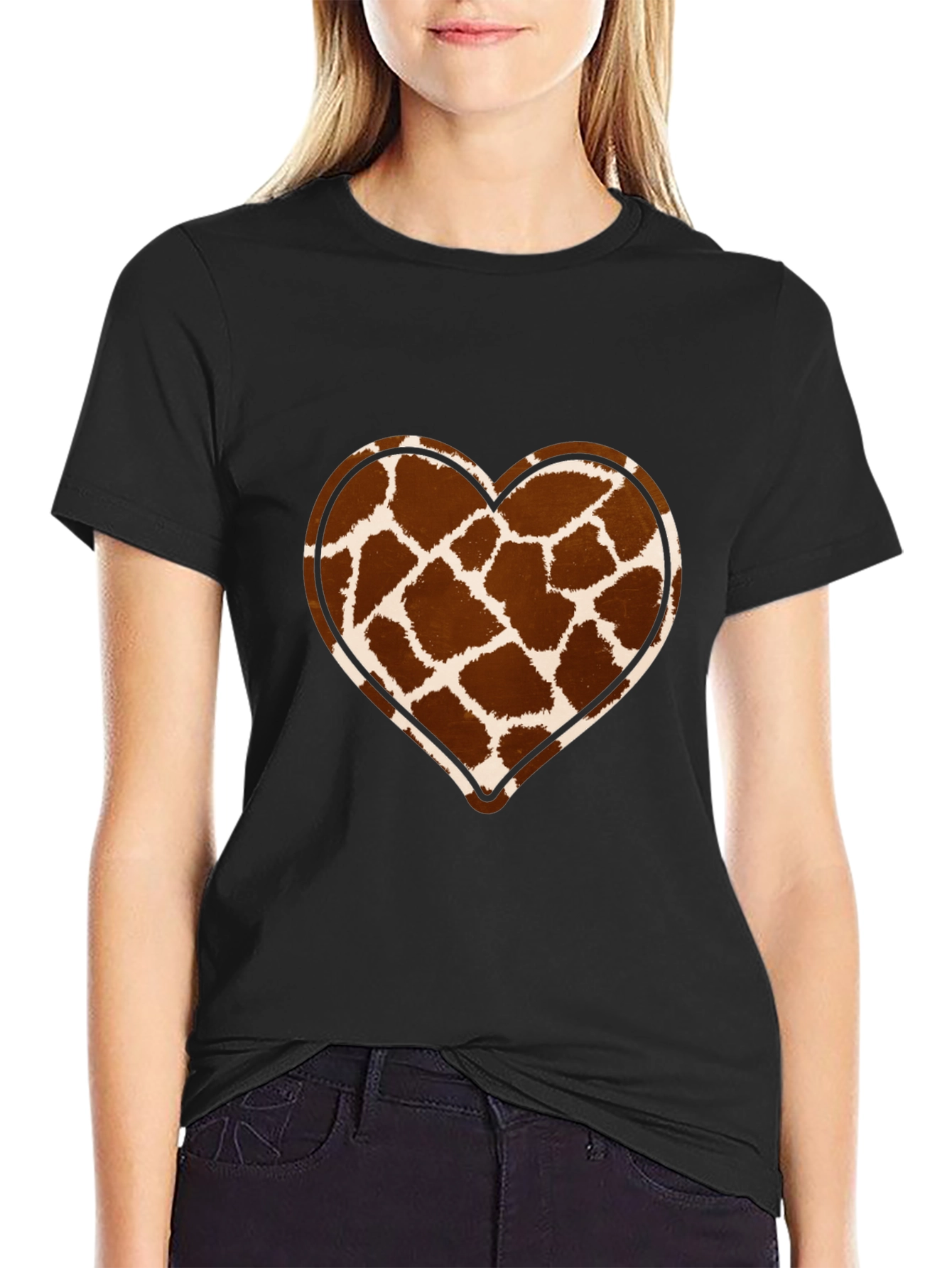 Giraffe Print Heart Graphic Tee - Trendy Casual Shirt