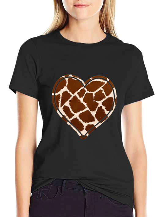 Giraffe Print Heart Graphic Tee - Trendy Casual Shirt