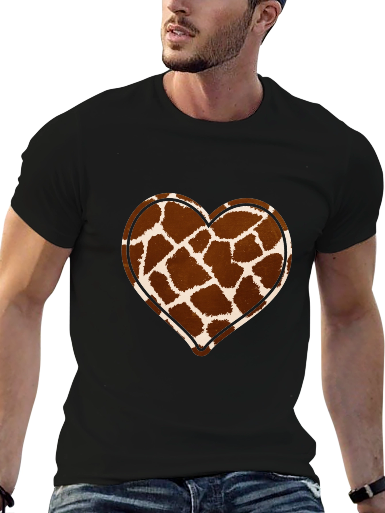 Giraffe Print Heart Graphic Tee - Trendy Casual Shirt