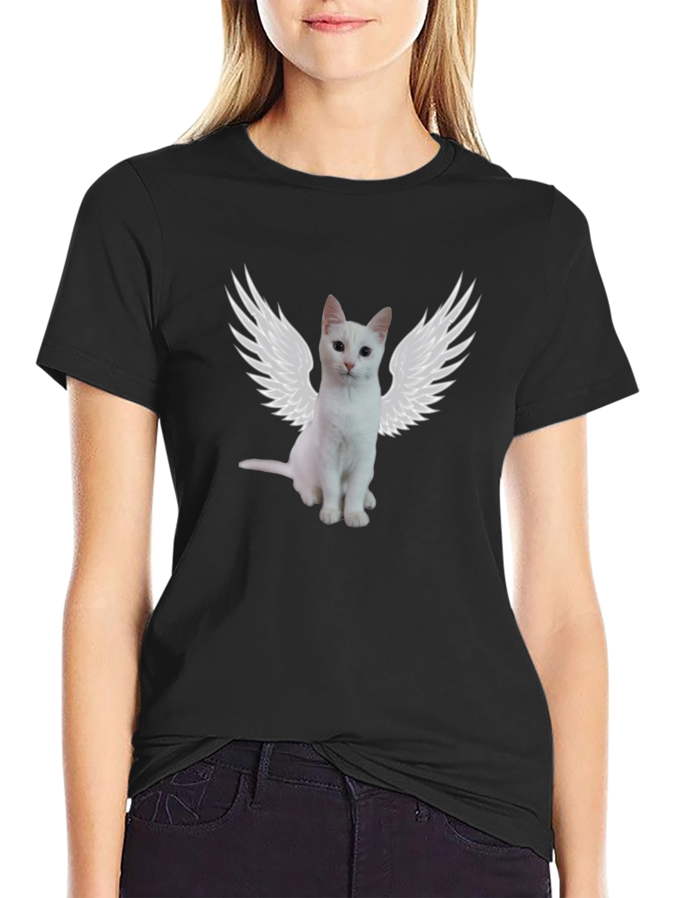 Angel Cat T-Shirt - Black Cotton Tee