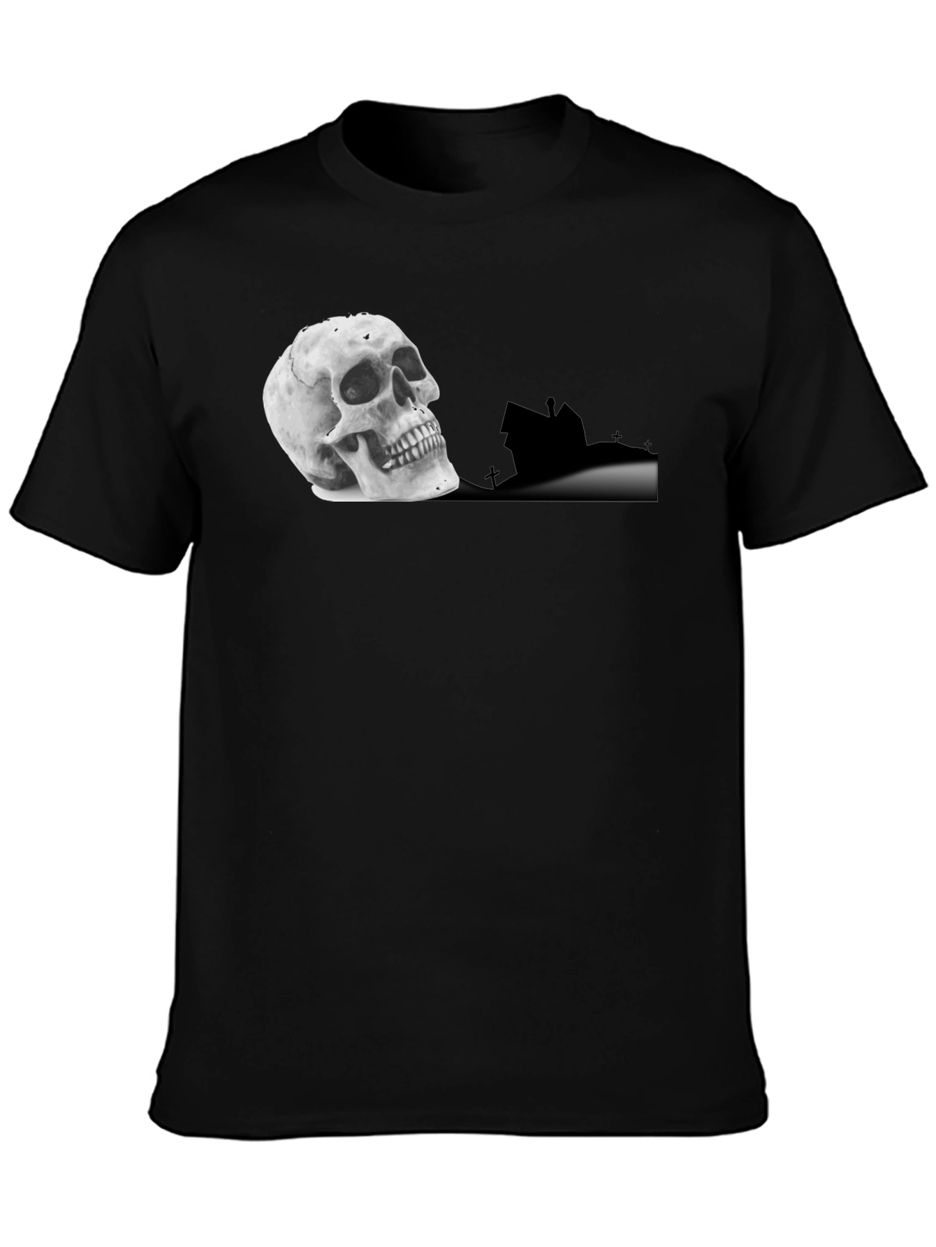 Skull & Haunted House Graphic Tee - Black