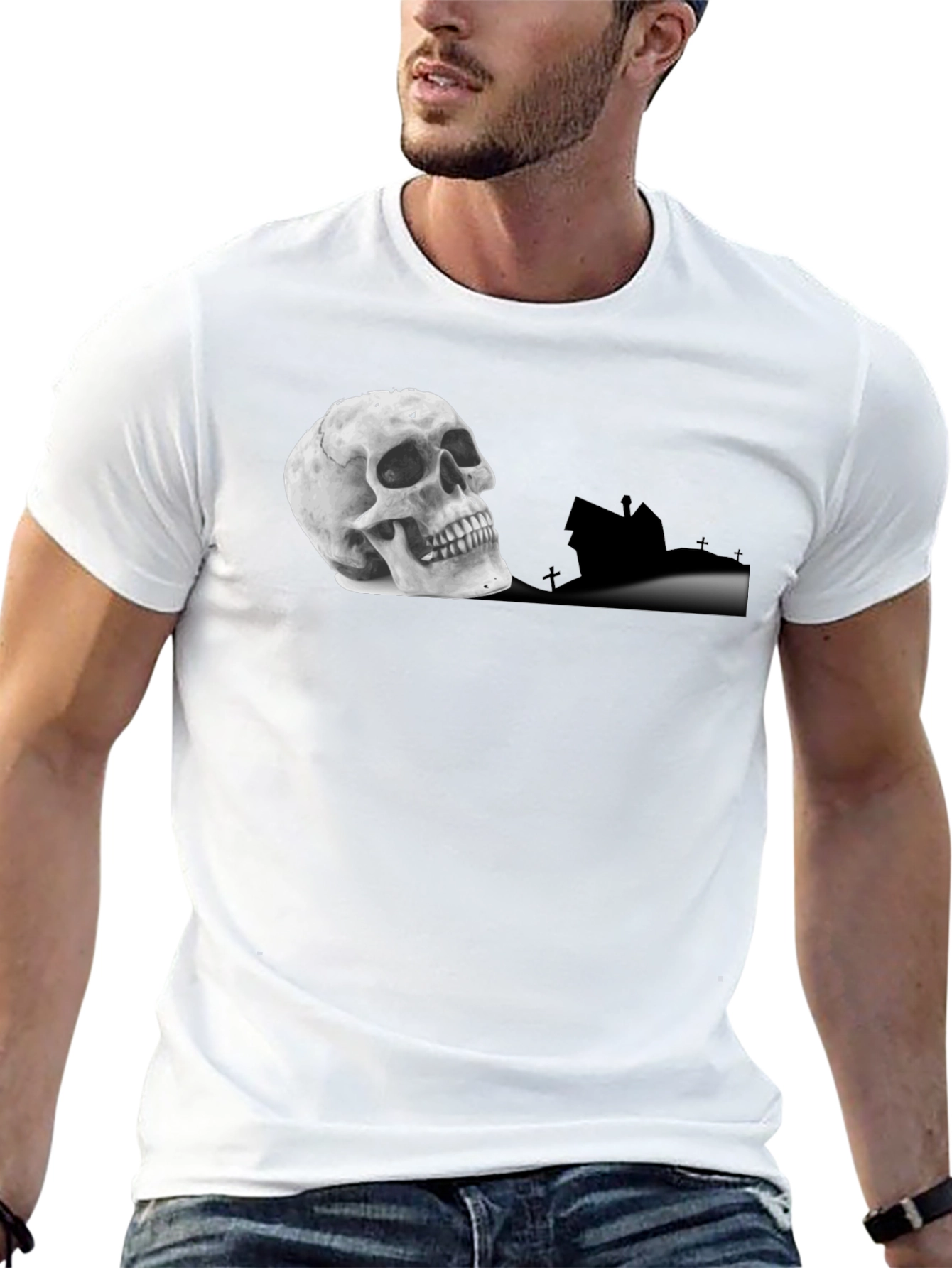 Skull & Haunted House Graphic Tee - Black