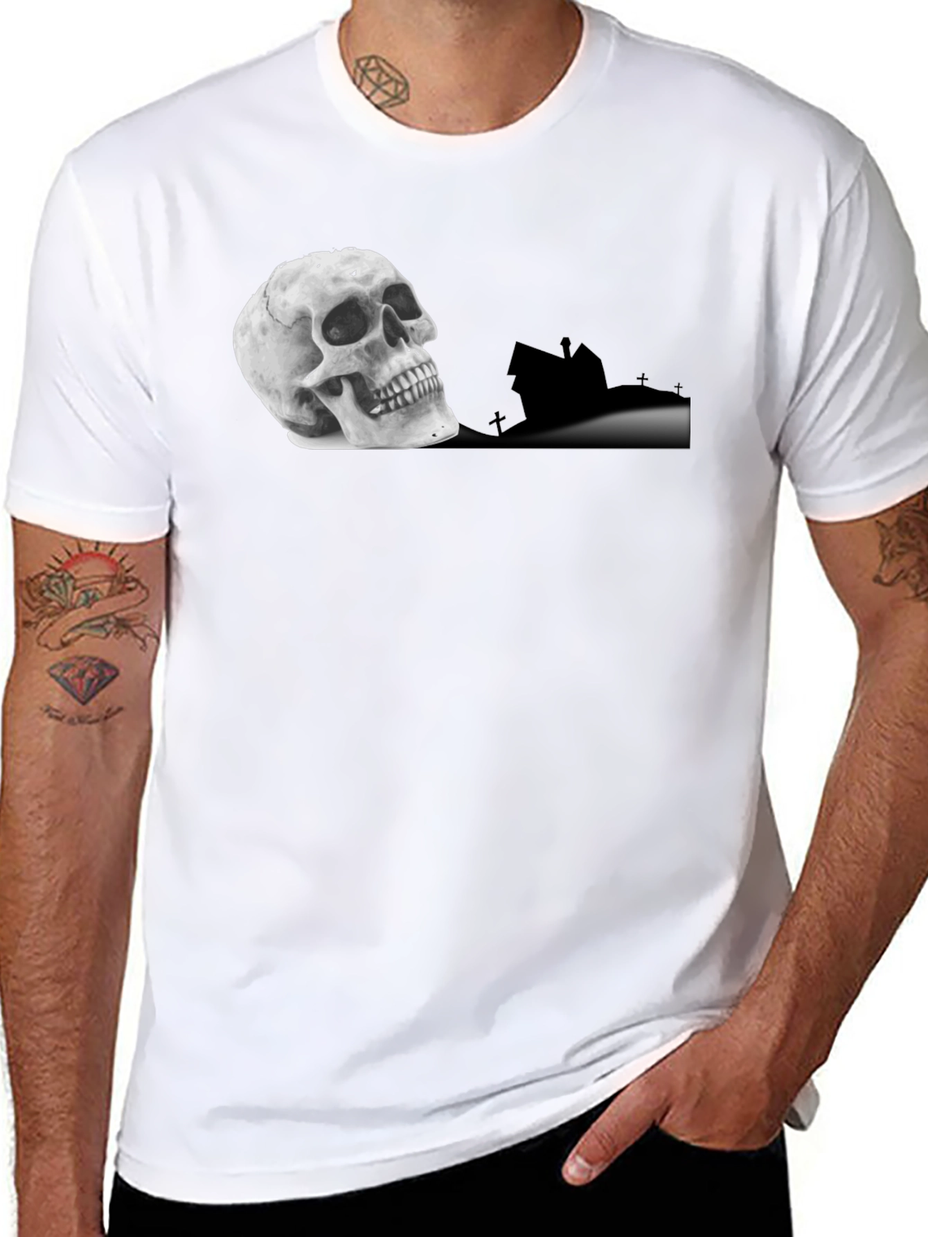 Skull & Haunted House Graphic Tee - Black