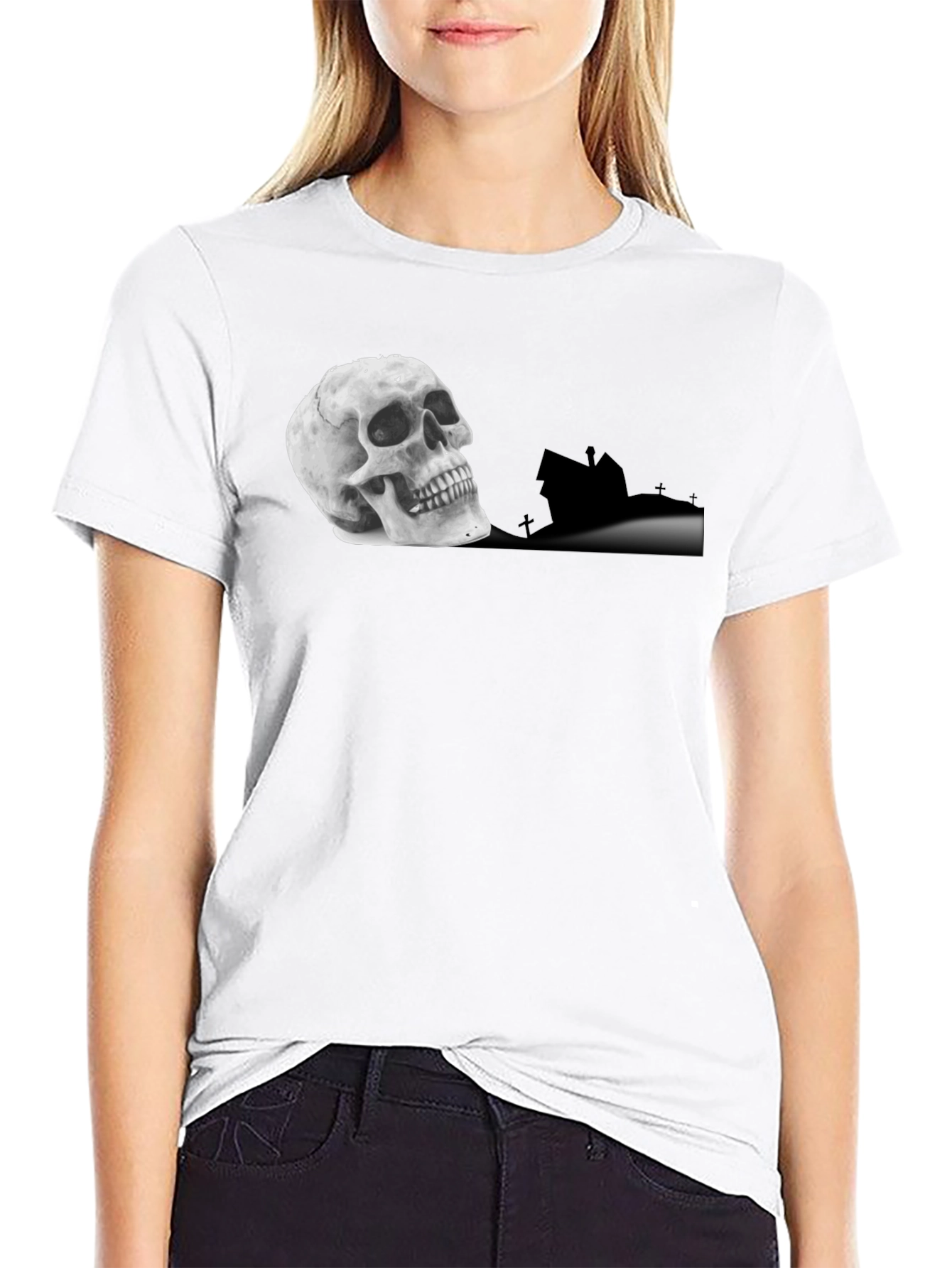 Skull & Haunted House Graphic Tee - Black