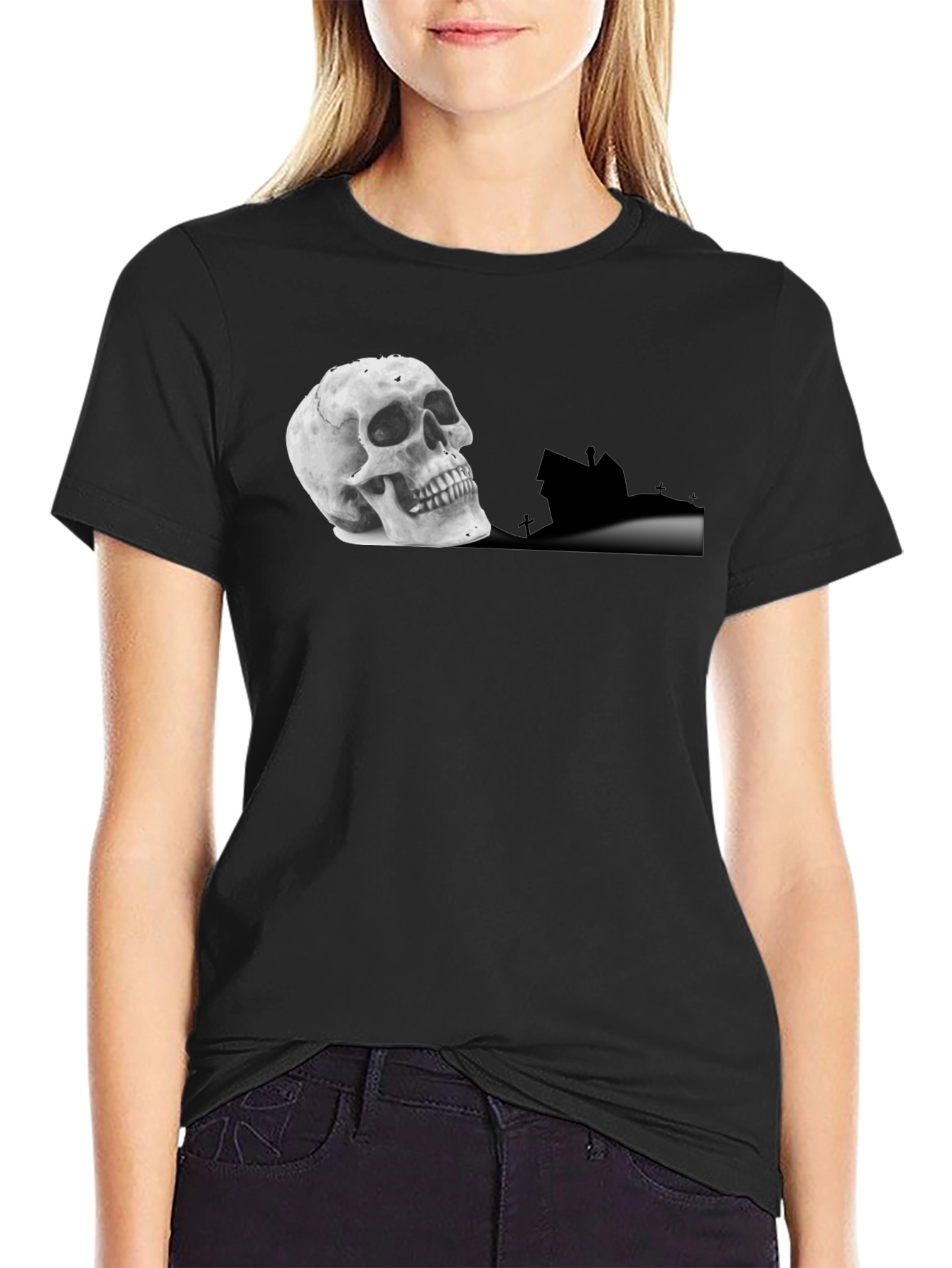 Skull & Haunted House Graphic Tee - Black