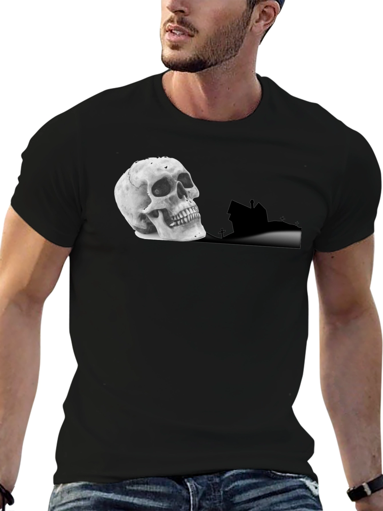 Skull & Haunted House Graphic Tee - Black