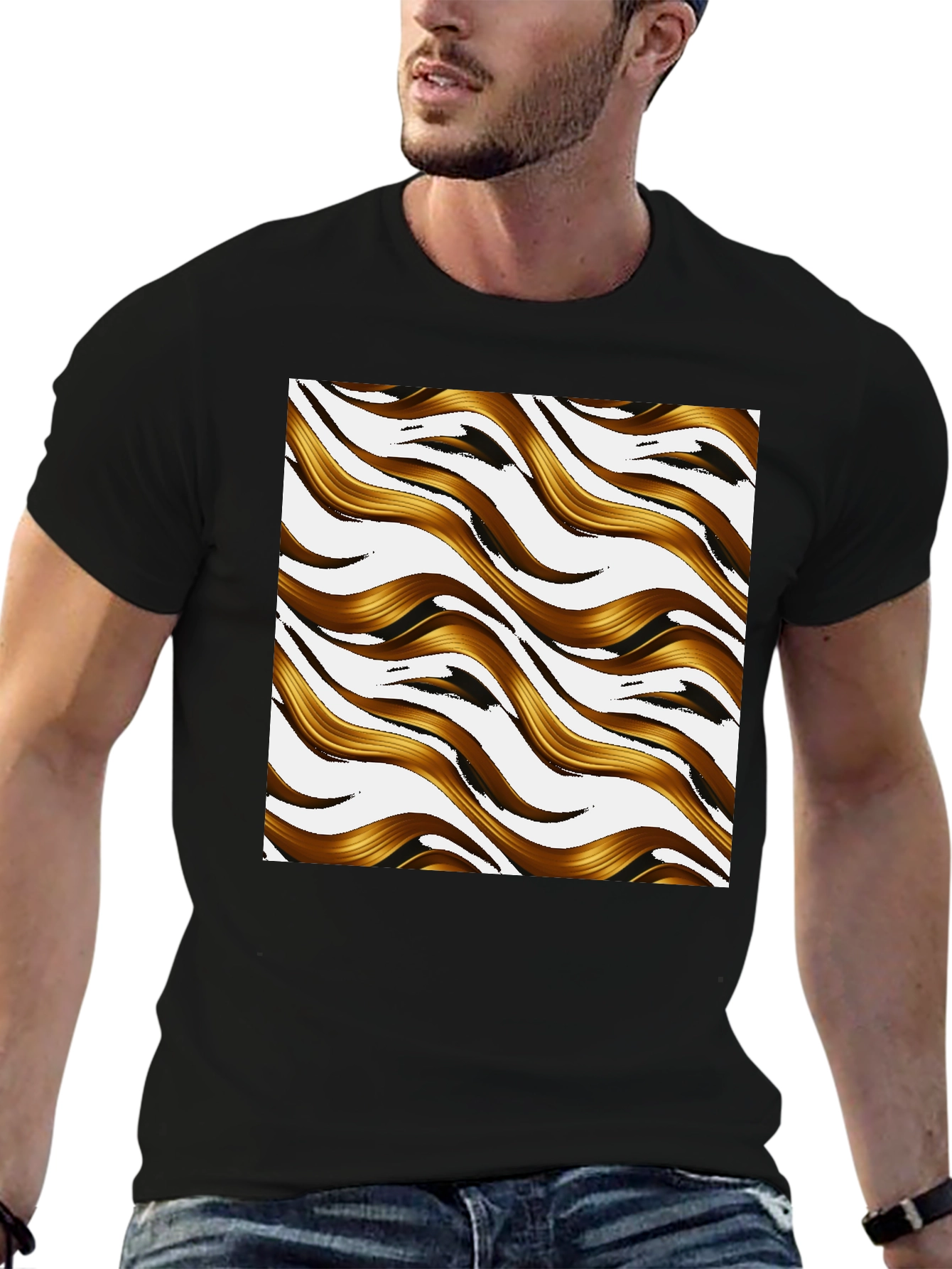 Golden Waves Graphic Print Black T-Shirt