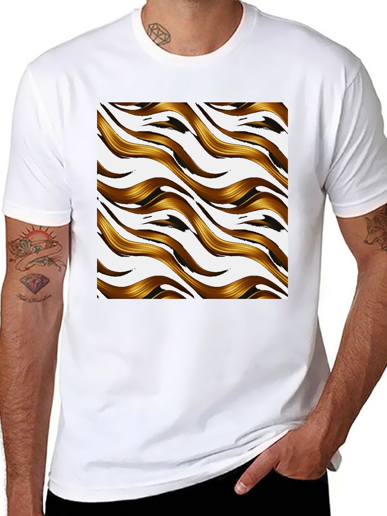 Golden Waves Graphic Print Black T-Shirt