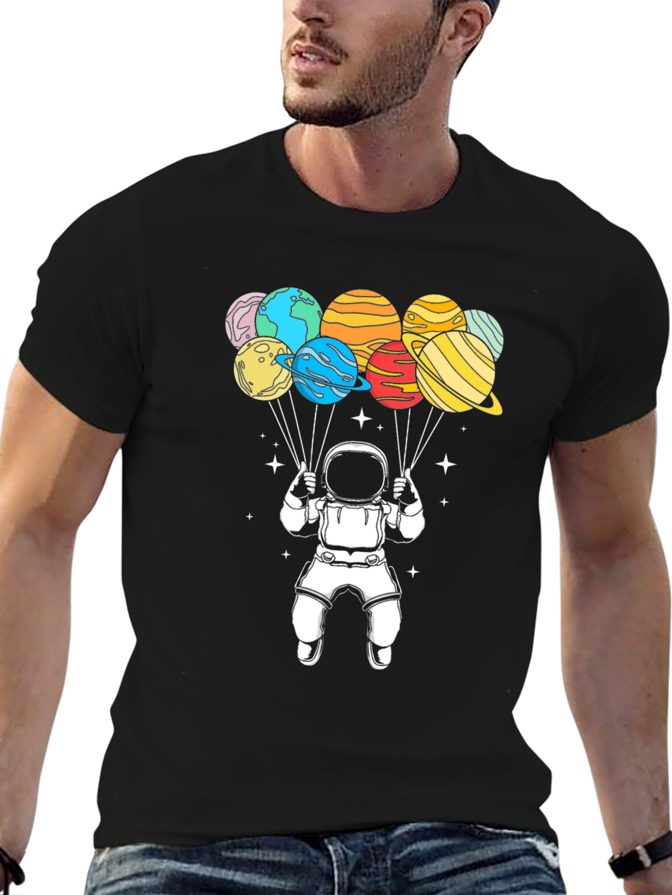 Astronaut Planet Balloons T-Shirt - Space Graphic Tee