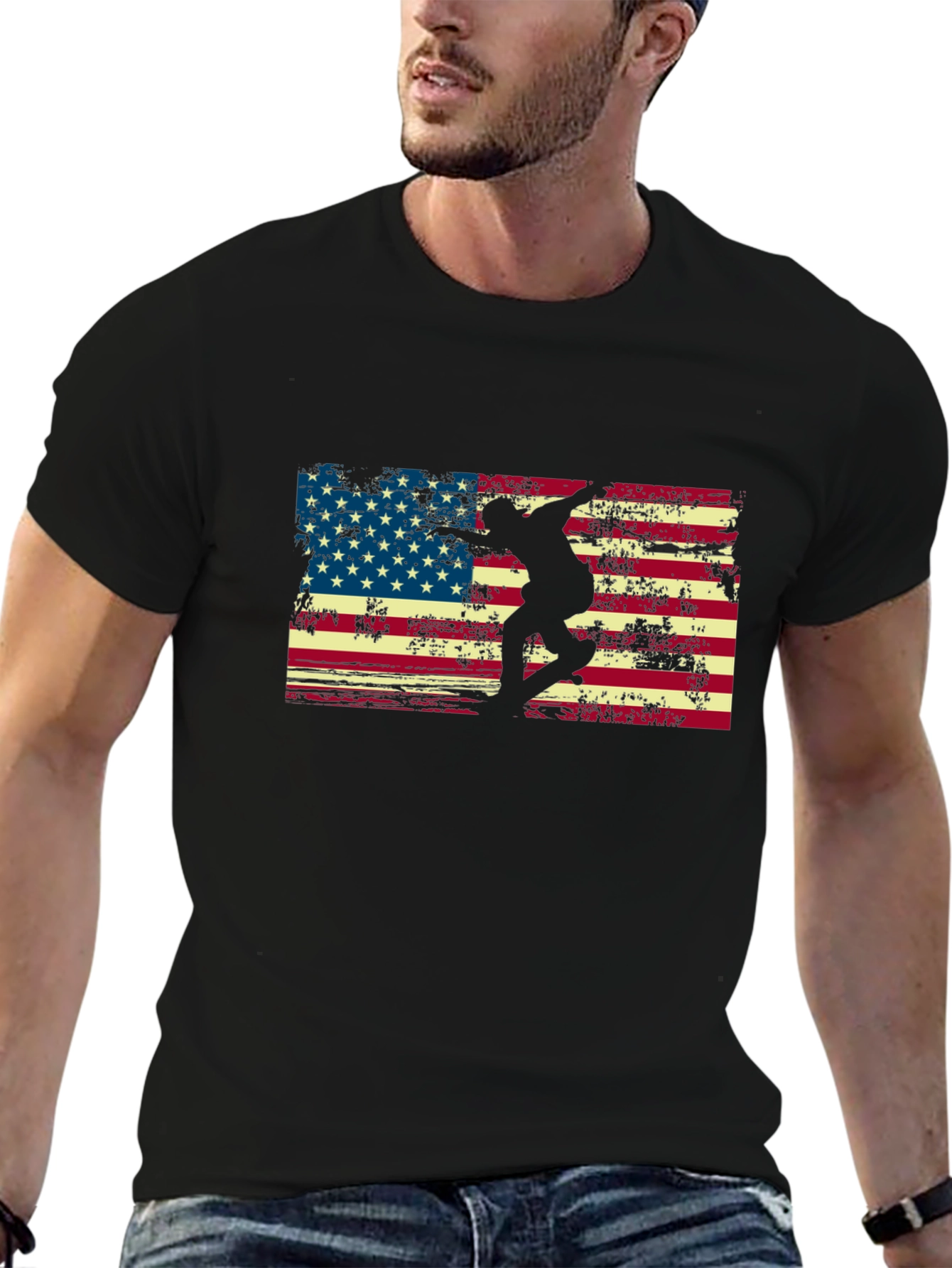 American Flag Skateboarder Black T-Shirt