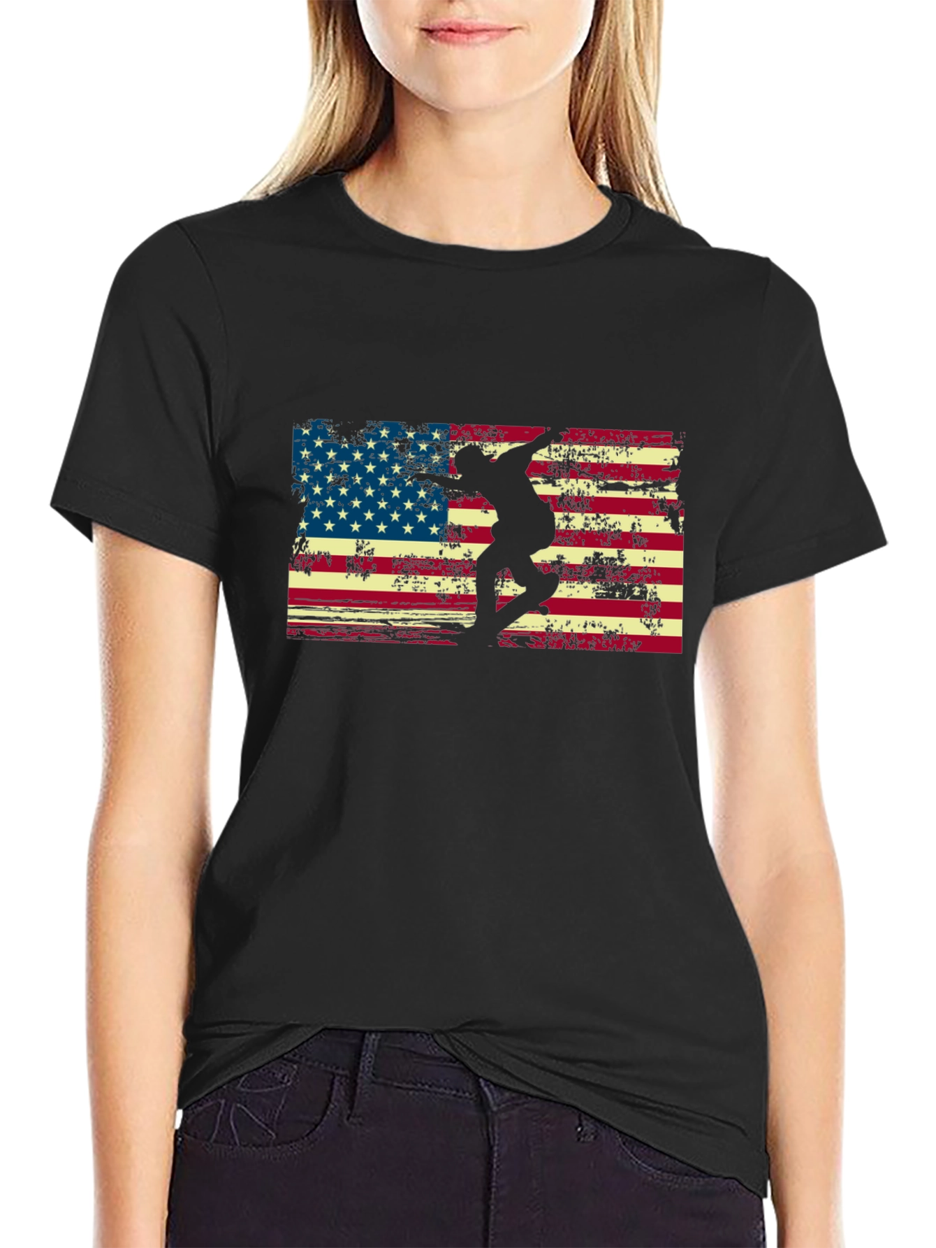 American Flag Skateboarder Black T-Shirt