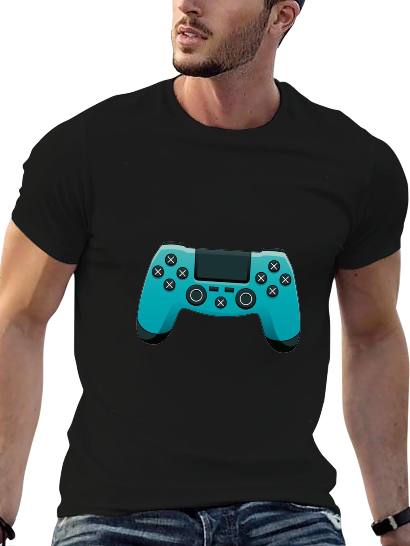 Gamer Style Black T-Shirt with Teal Controller Design