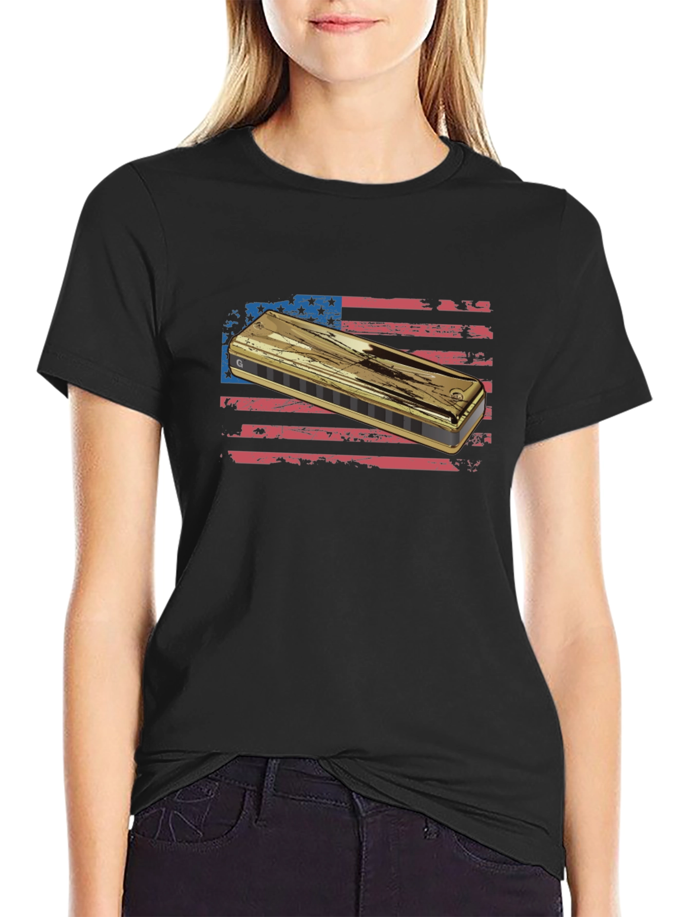 Harmonica American Flag Graphic T-Shirt