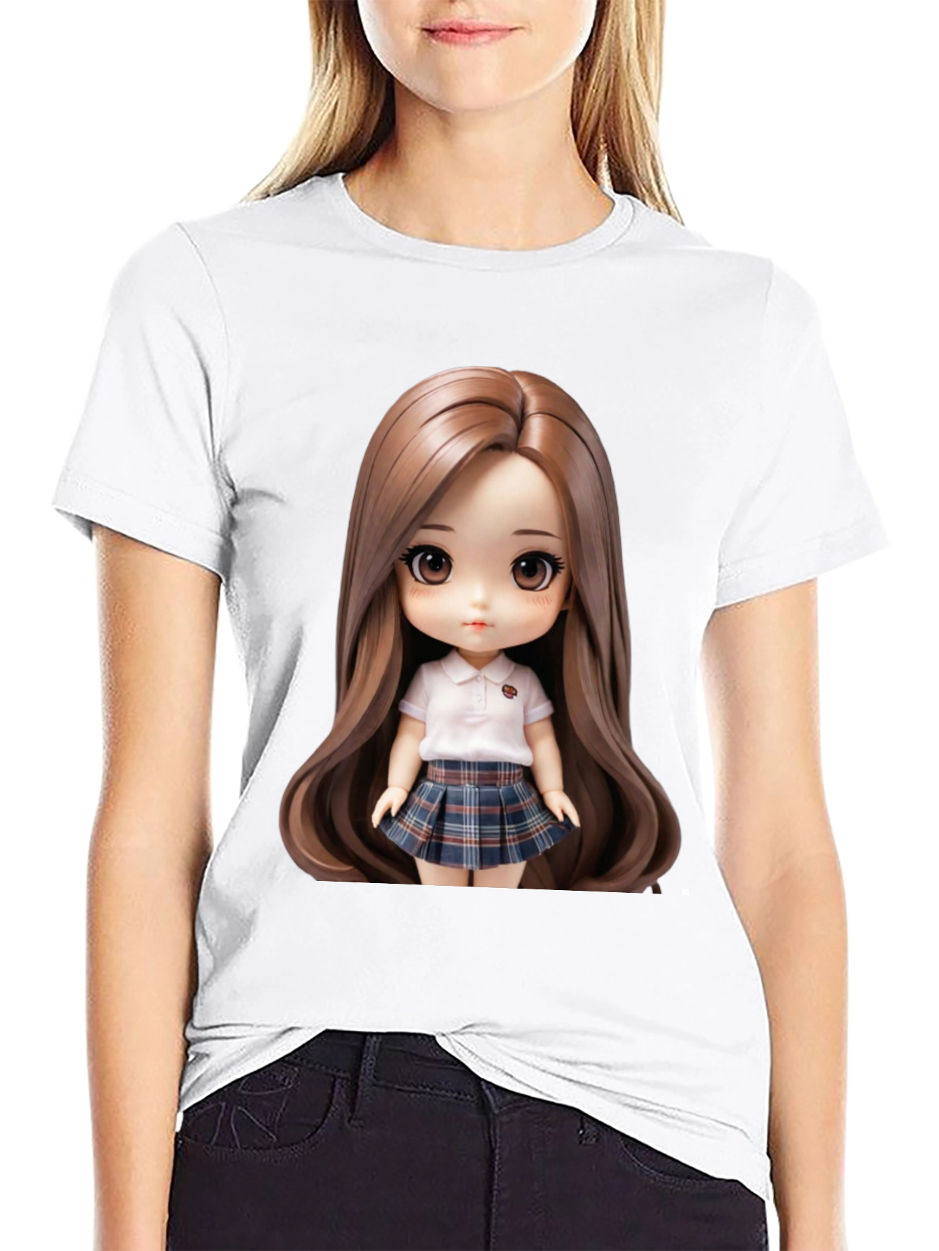 Anime Doll Graphic Print Black T-Shirt