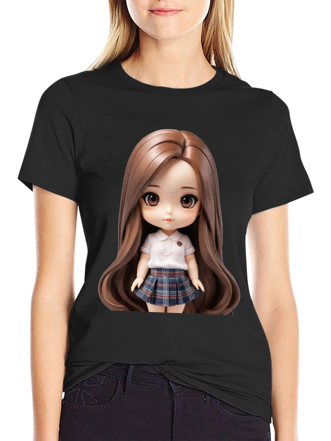 Anime Doll Graphic Print Black T-Shirt