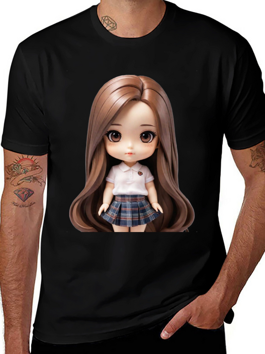 Anime Doll Graphic Print Black T-Shirt