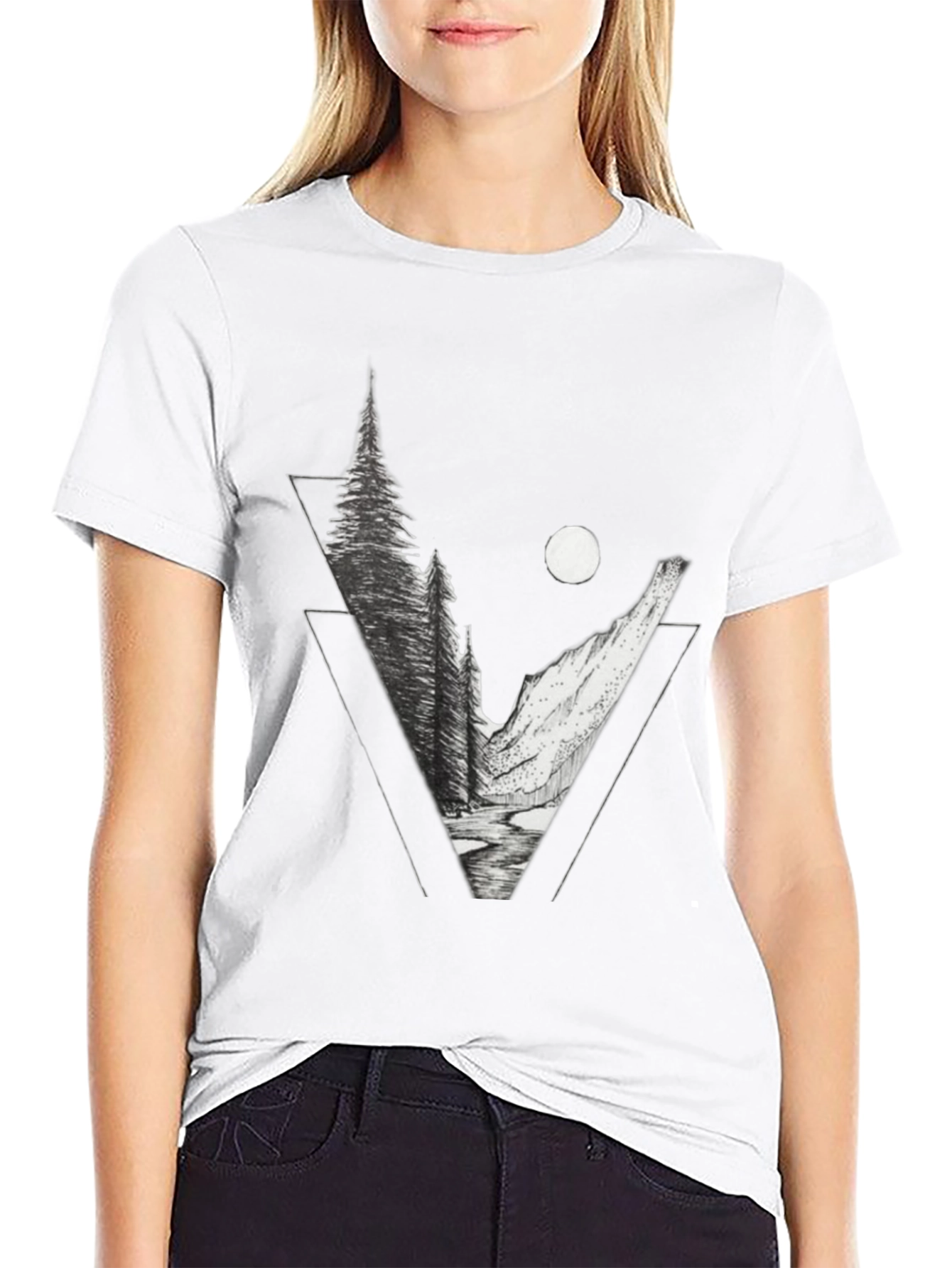 Geometric Mountain Scene Graphic Tee - Black