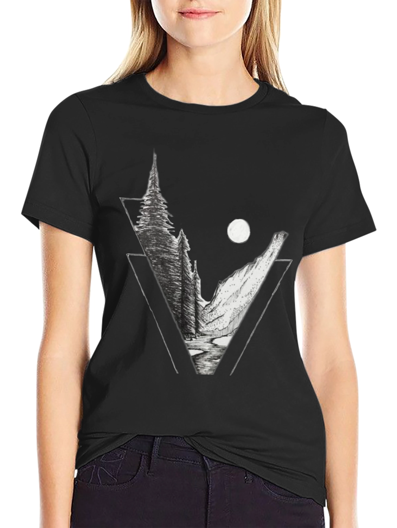 Geometric Mountain Scene Graphic Tee - Black