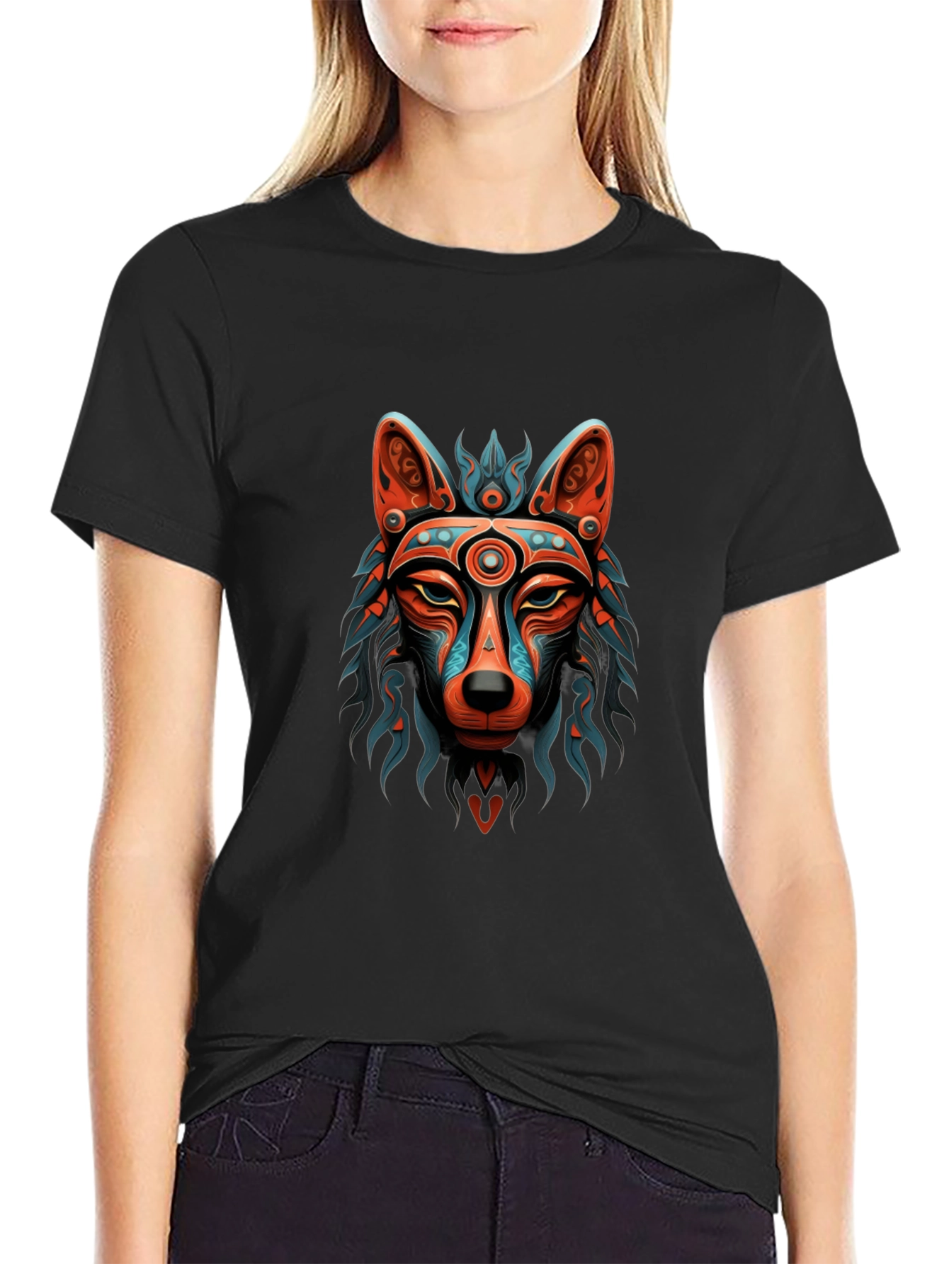 Aztec Wolf Graphic Print Black T-Shirt