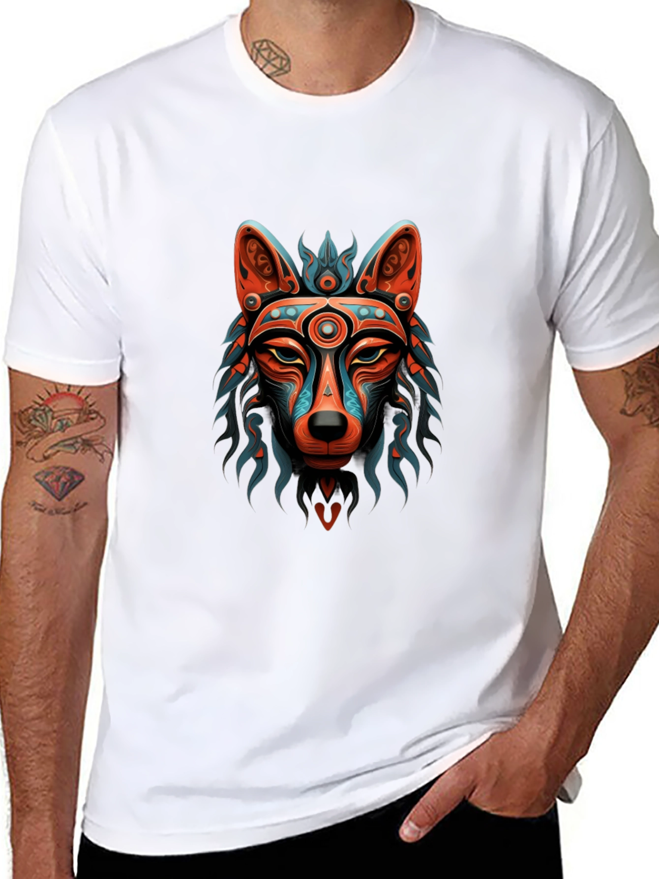 Aztec Wolf Graphic Print Black T-Shirt