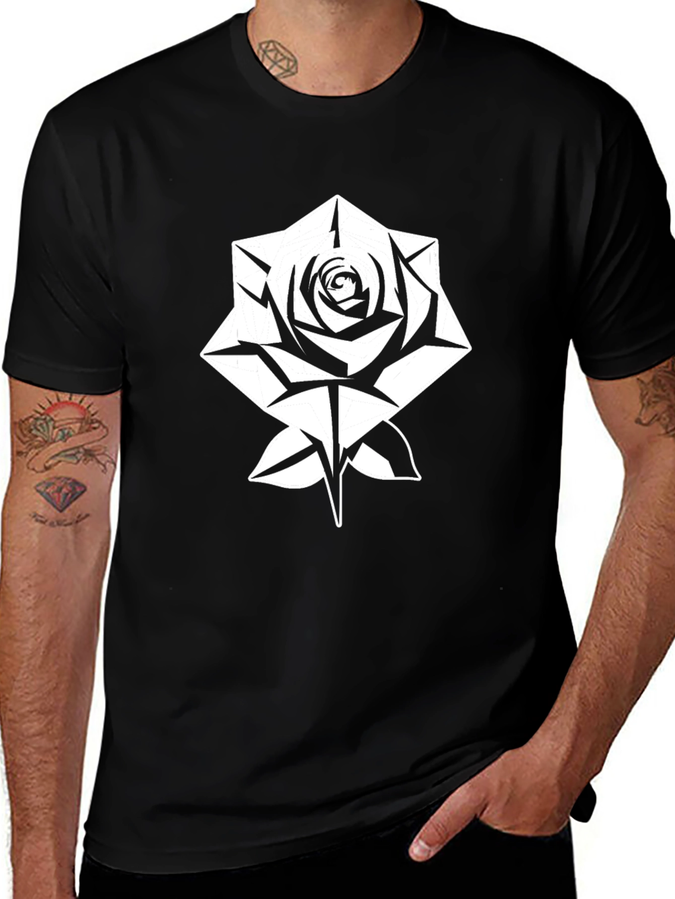Geometric Rose Graphic Tee - Stylish Black T-Shirt