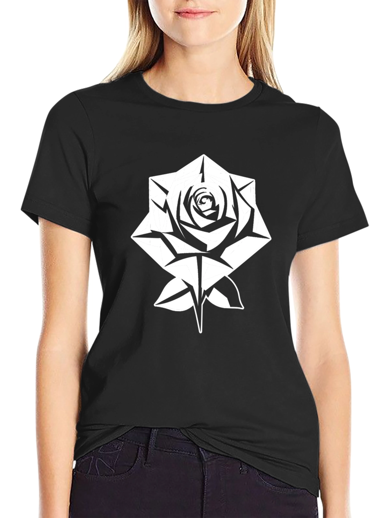 Geometric Rose Graphic Tee - Stylish Black T-Shirt