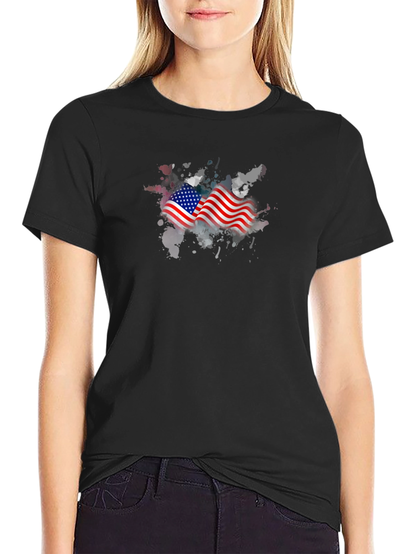 American Flag Graphic Print Black T-Shirt
