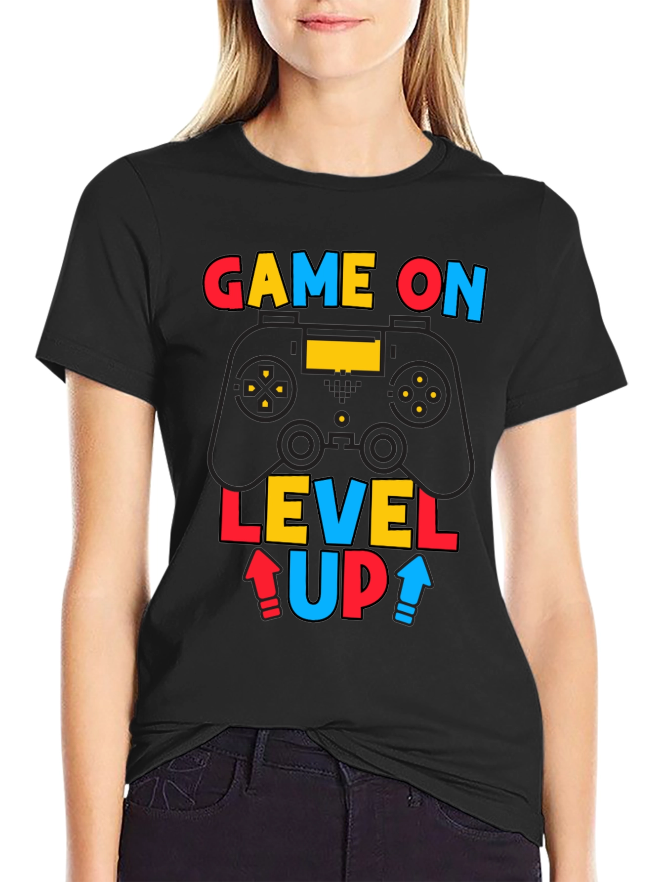 Game On Level Up Mens Black Graphic Tee