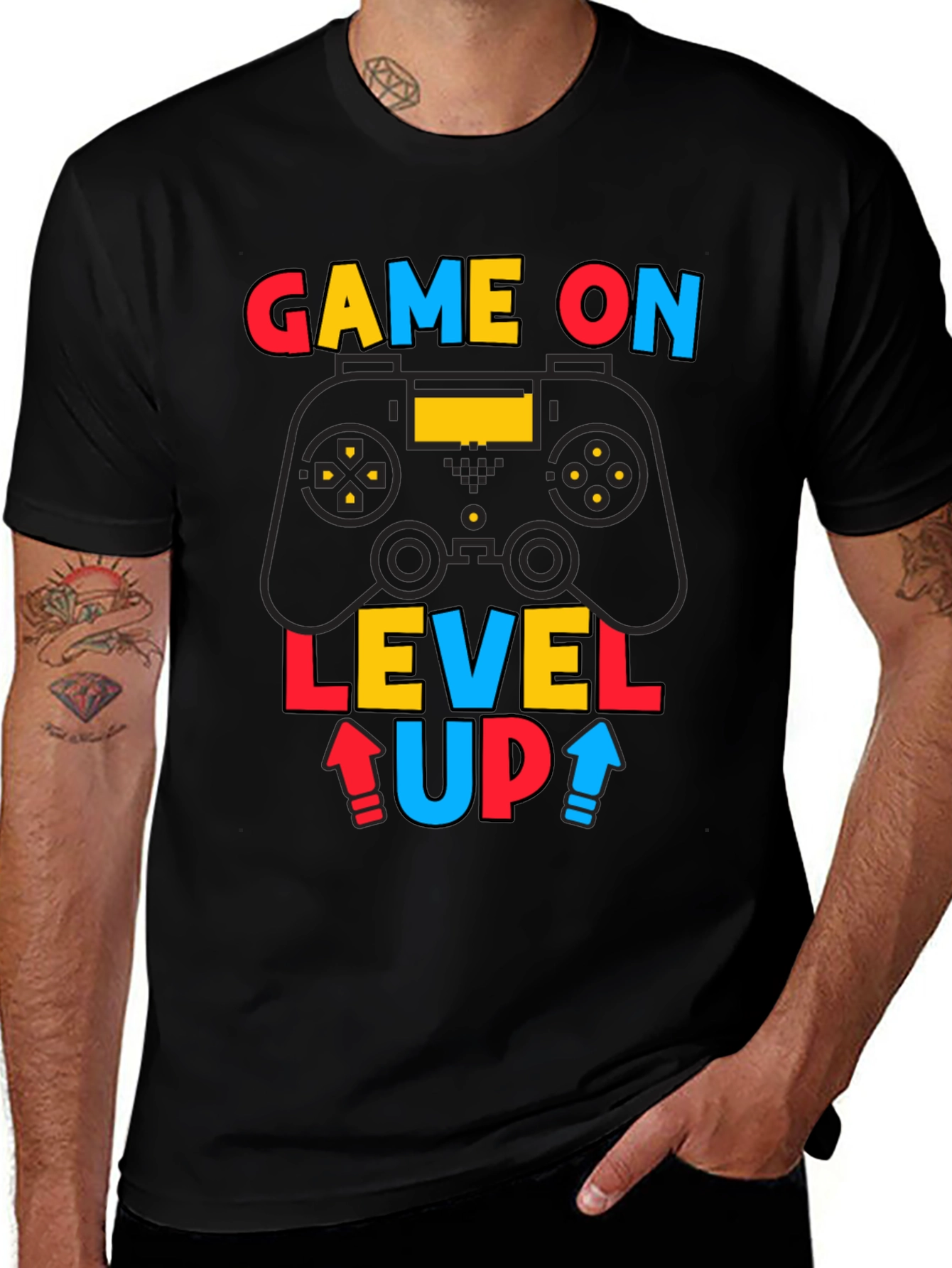 Game On Level Up Mens Black Graphic Tee