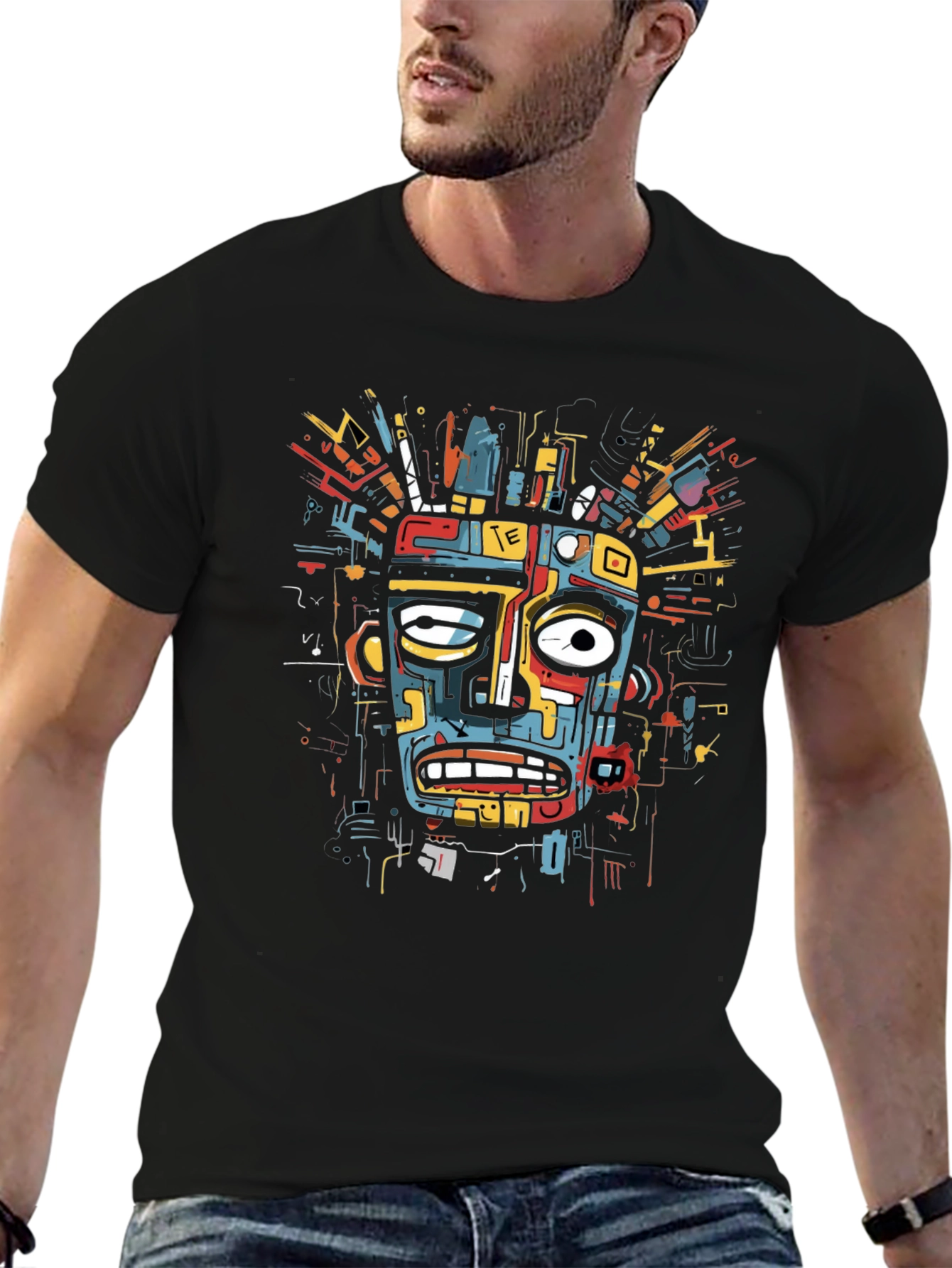Abstract Art Face Print Black T-Shirt