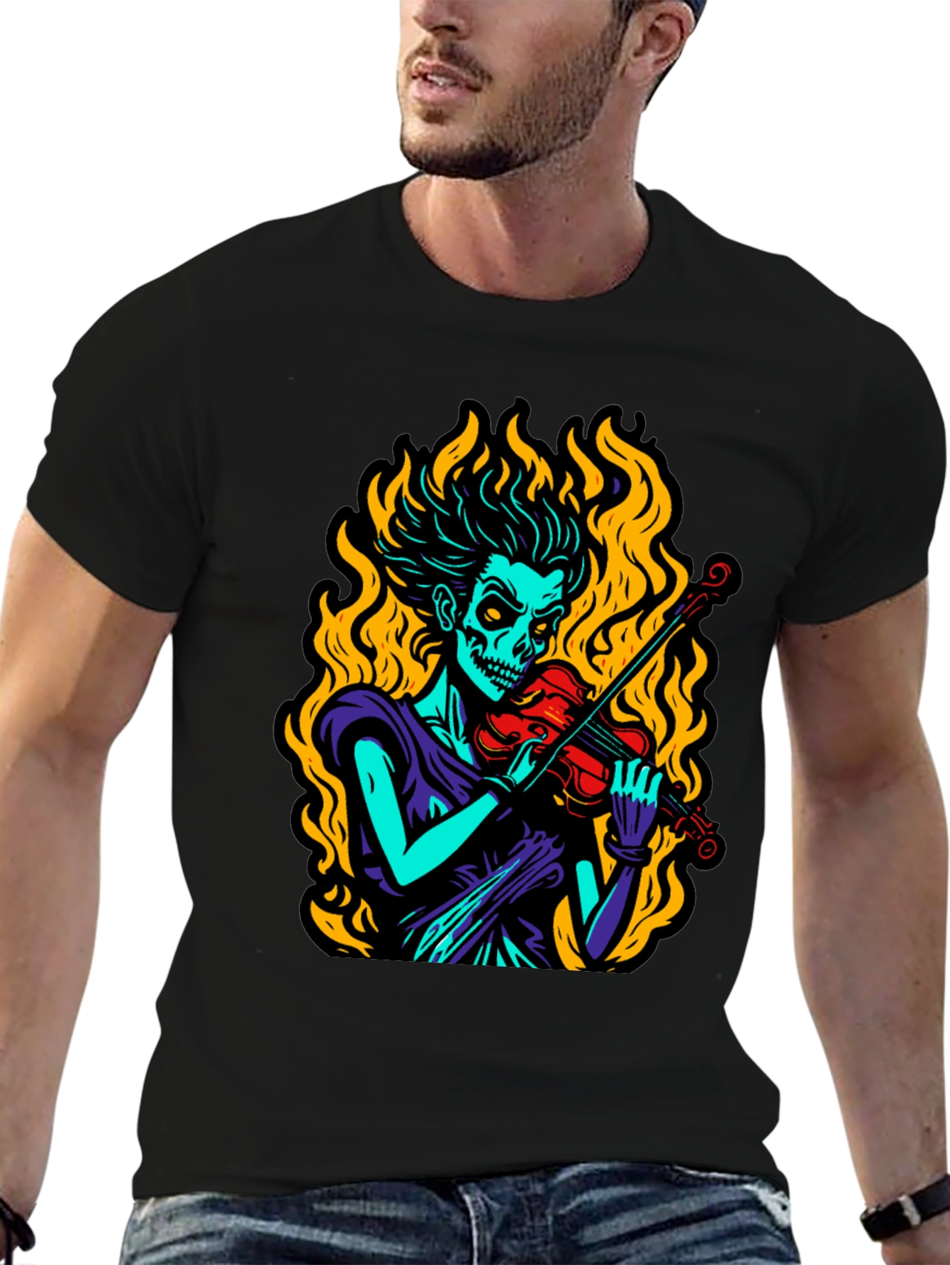 Grim Fiddler Graphic T-Shirt - Unique Skeleton Violin Design