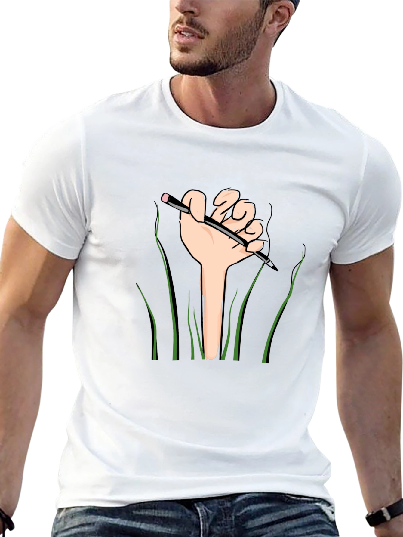 Graphic Tee: Hand Holding Pencil Design - Black Shirt