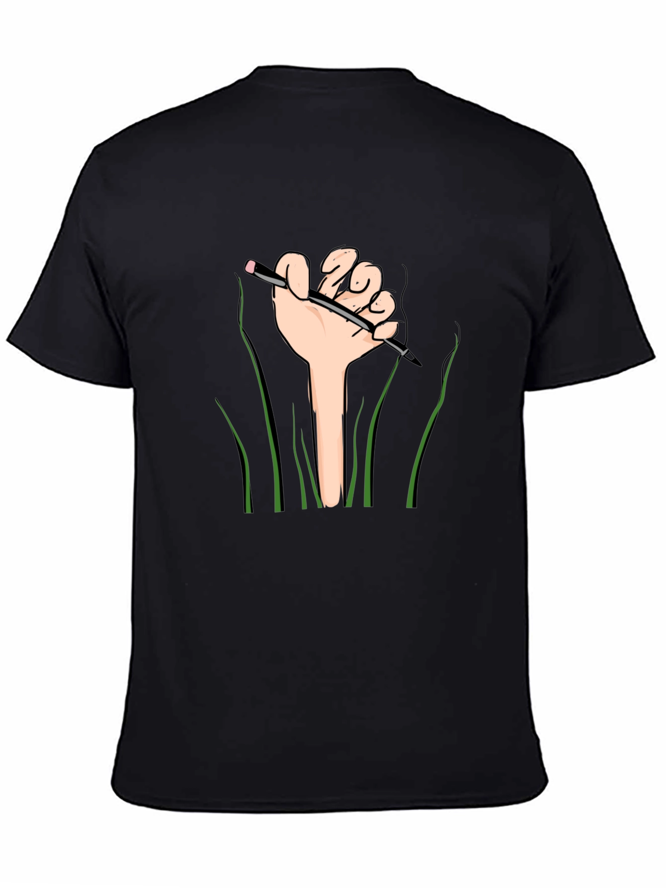 Graphic Tee: Hand Holding Pencil Design - Black Shirt